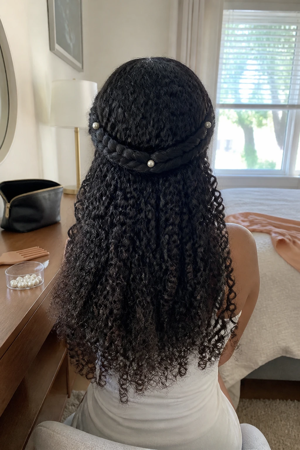 Image prompt

Photo of a woman wearing long 4A curls with two broad side braids crossed across the back like a crown, dense defined coils flowing below, and small pearl pins tucked into the braids, back-of-head view in a softly lit bedroom, natural window light, containing a small lived-in detail such as extra pearl pins and a wide-tooth comb on the dresser, a makeup bag nearby, and a satin scarf resting on the bed, realistic getting-ready moment, latest iPhone photo quality.