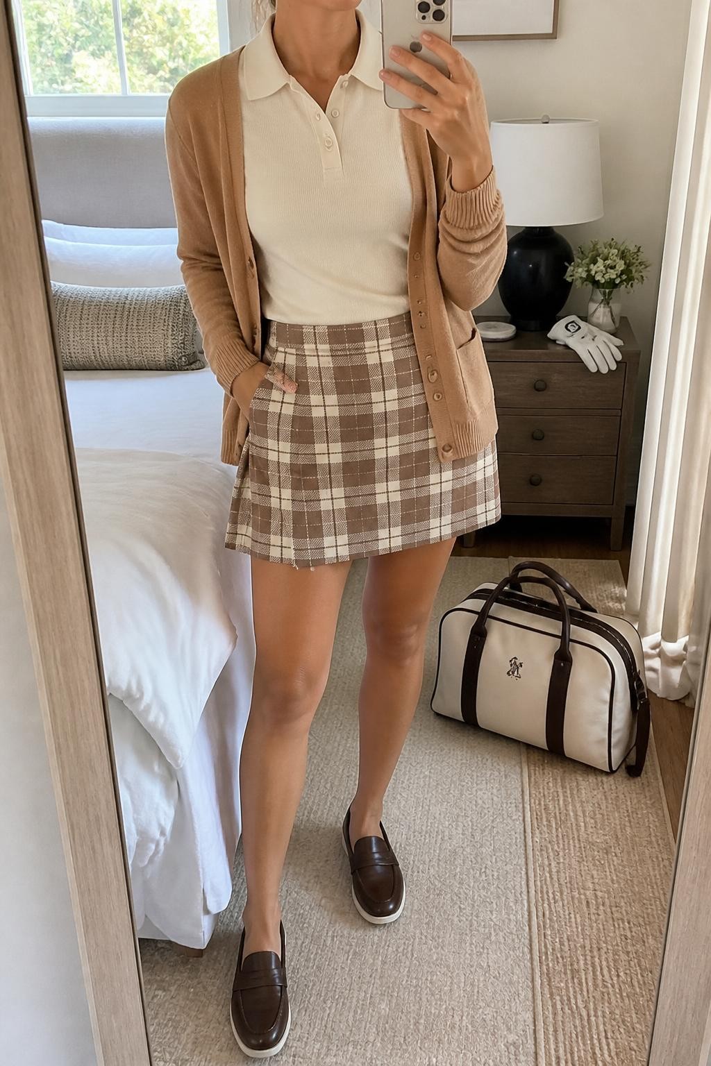 Mirror selfie of a woman wearing a lightweight camel V-neck cardigan over a fitted cream short-sleeve golf polo, a brown-and-cream plaid golf skort with built-in shorts, dark brown spikeless golf loafers, and a structured cream golf cap, clearly showing the exact clothing items, colors, patterns, fabrics, and accessories listed, holding a latest-model iPhone in front of a mirror, cropped at the neck so the face does not show, relaxed casual selfie pose, in a cozy bedroom mirror setup with natural window light, a golf glove resting on a bedside table and a small duffel bag on the floor, natural uncluttered setting, latest iPhone photo quality.