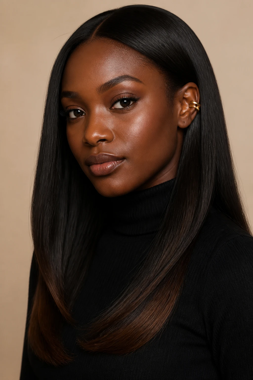 A realistic beauty portrait of a Black woman with deep brown skin and long straight hair, black coffee brunette base, glossy dark brown roots and mid-lengths, subtle bronze-brown color only on the last few inches of the ends, soft root shine, sleek finish with slight bend at the ends, black turtleneck, gold ear cuff, beige studio background, softbox lighting, realistic hair shine and natural skin texture.
