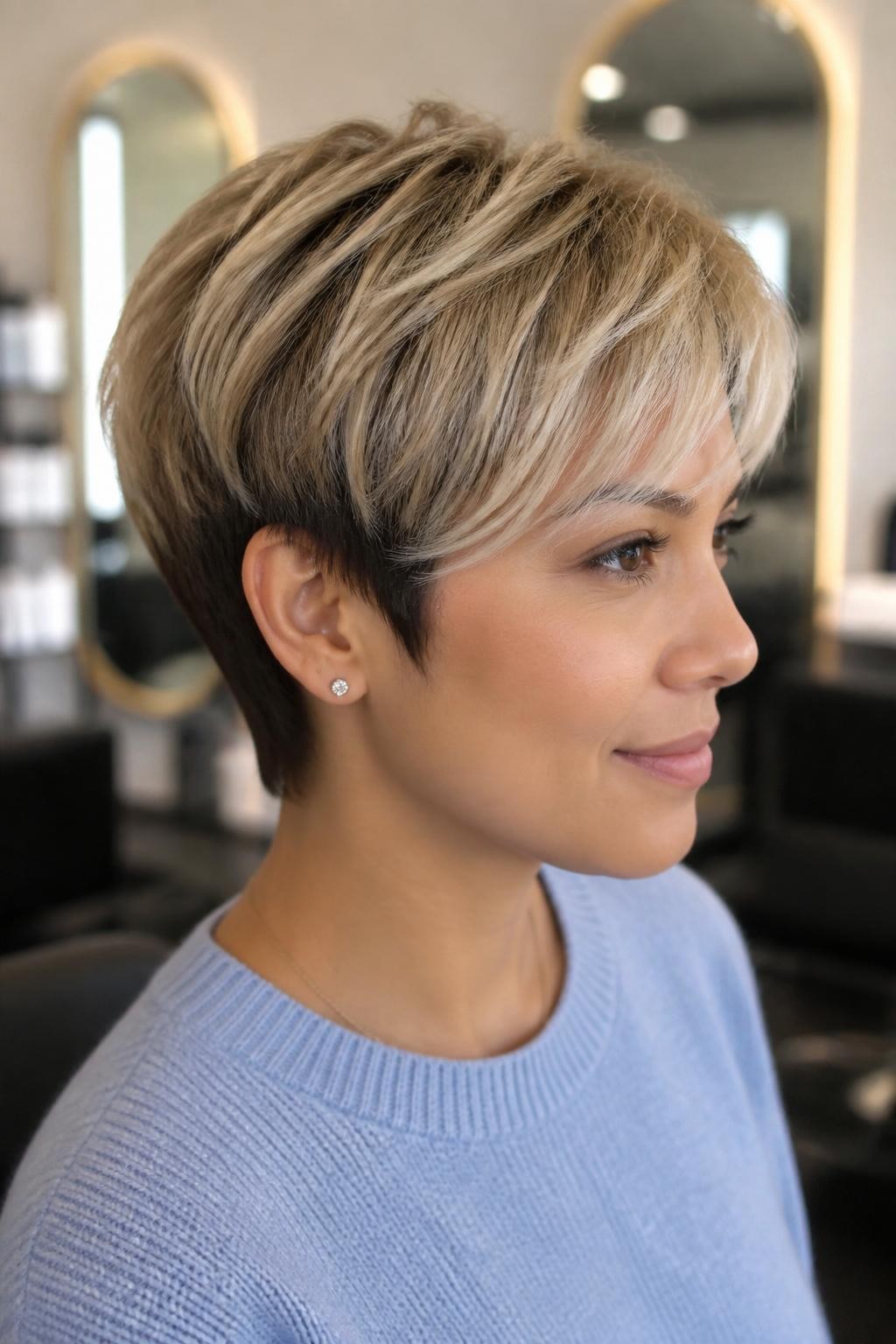 A realistic salon portrait of a woman with light-medium skin wearing a softly rounded pixie, toasted oat-blonde top layers, cocoa-brown nape and lower side sections, gentle beige root melt through the crown, pale cream highlights around the forehead, biscuit-blonde lowlights between the lighter sections, no stark brown blocks or platinum streaks, soft feathered fringe, natural airy texture, pale blue sweater, blurred salon mirror background, diffused daylight, realistic strand detail and subtle flyaways.
