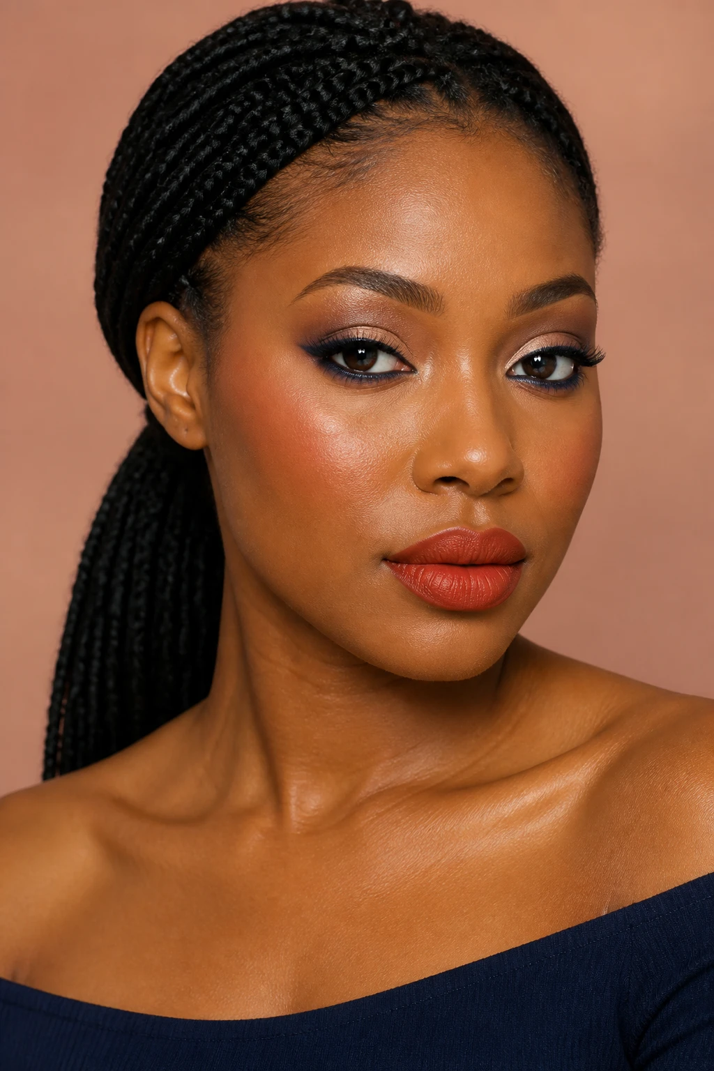 Create a single professional beauty portrait of a Black woman aged 24 to 31 with medium-deep skin, golden undertones, deep brown almond-shaped eyes, high cheekbones, and naturally full lips. Her long black box braids are gathered into a low ponytail and swept behind her shoulders, keeping the eyes and cheeks fully visible. She wears a simple navy off-the-shoulder top with a clean neckline and no busy accessories.
Apply a sheer champagne-beige satin eyeshadow across the mobile lids, keeping the finish smooth and softly reflective. Blend cocoa-taupe matte shadow through the crease and slightly above it for gentle shape. Draw navy-blue pencil along the upper lash lines, keeping it narrow near the inner corners and thicker at the outer thirds. Smudge the outer edges into short diffused wings angled slightly upward. Press deep navy satin shadow directly over the pencil to strengthen the blue colour without spreading it too far across the lid. Add a small champagne highlight at the inner corners. Keep the inner lower lash lines bare and apply navy shadow only to the outer third of each lower lash line. Add separated curled lashes with moderate outer-corner length. Style the brows with a softly lifted shape and visible individual hairs.
Use satin-finish foundation matched precisely to the face, neck, shoulders, and chest. Properly expose the medium-deep golden complexion and preserve natural pores, fine facial hairs, and believable skin highlights. Apply rich persimmon blush high on the cheeks, blending it toward the temples with controlled intensity. Add deep golden-brown bronzer around the perimeter of the face. Place a subtle warm-gold highlight on the upper cheekbones. Line the lips with deep burnt-orange-brown pencil and apply richly pigmented persimmon-orange satin lipstick, maintaining natural lip proportions, visible lip lines, and clean edges.
Pose the model at a slight three-quarter angle with direct eye contact and a calm closed-mouth expression. Both eyes must remain clearly visible, and the face should fill around 78 percent of the frame. Photograph her with a full-frame DSLR and an 85mm lens using clean studio lighting that accurately exposes the skin and preserves the navy eyeliner. Use a softly blurred muted peach background for warm and cool contrast.
Request accurate facial anatomy, aligned pupils, natural eye direction, symmetrical smudged wings, individual eyelashes, detailed brow hairs, pores, fine facial hairs, natural lip texture, subtle facial asymmetry, believable highlights, correct colour placement, realistic braid texture, and natural proportions.
Avoid plastic or grey skin, excessive smoothing, black-looking navy liner, muddy eye colour, disappearing champagne shadow, uneven wings, distorted pupils, crossed eyes, duplicated lashes, block brows, oversized lips, mismatched foundation, harsh contour stripes, metallic highlight streaks, strange teeth, distorted earrings, extra fingers, hands covering the makeup, floating products, text, logos, watermarks, collages, and split-screen layouts.