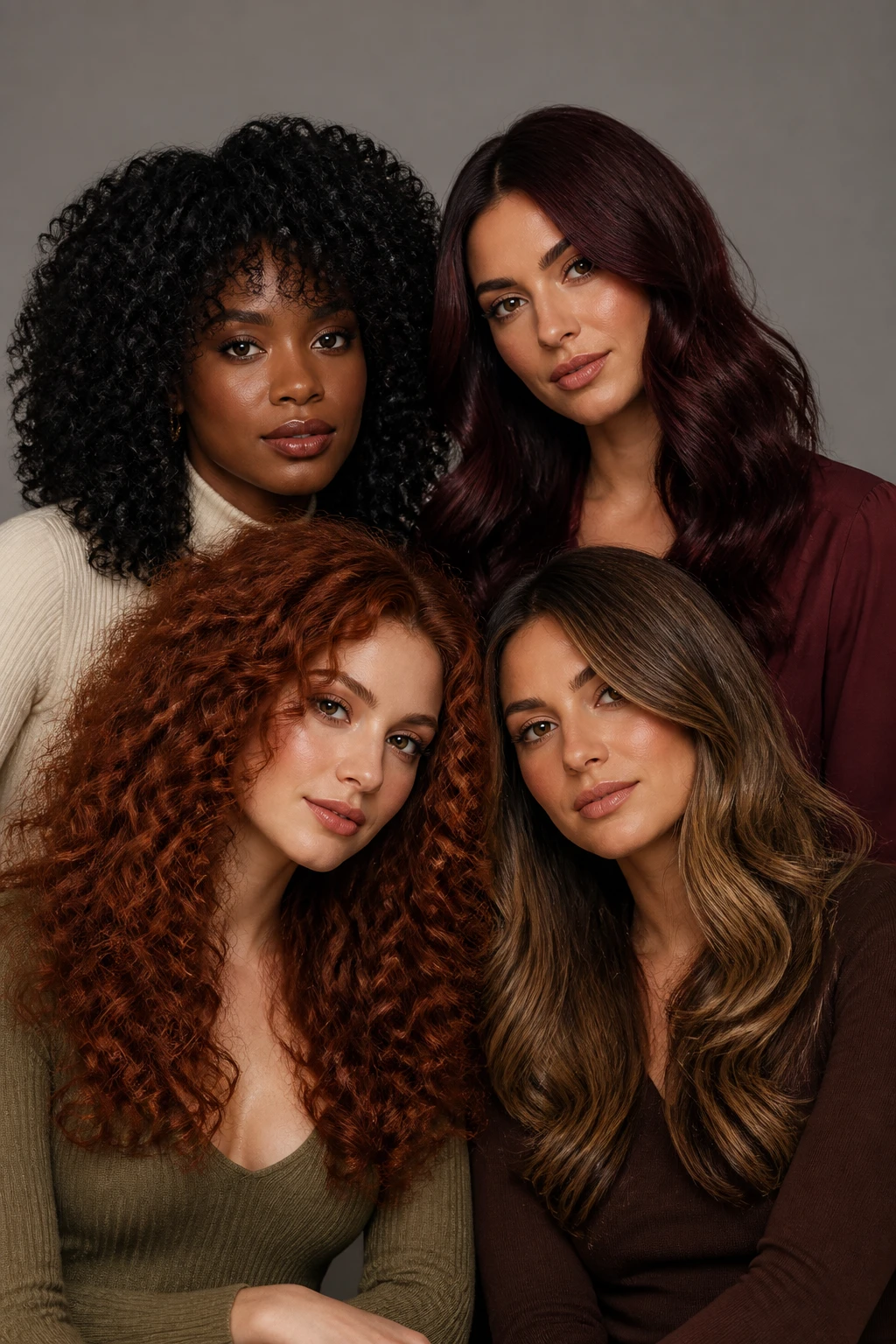 Image Prompt: A realistic salon editorial photograph of four women displaying rich glossy Fall 2026 hair colors, one Black woman with reflective inky-black coils, one woman with cherry-mocha waves, one with burnt-copper curls, and one with champagne-brunette layered hair, all colors dimensional, healthy-looking, and blended rather than harsh, women wearing coordinated cream, burgundy, olive, and chocolate tops against a clean warm-gray studio background, soft diffused lighting showing accurate undertones and shine, detailed natural skin and hair texture, premium DSLR hair-color campaign, 70mm lens, no salon branding, no text, no watermarks on images.