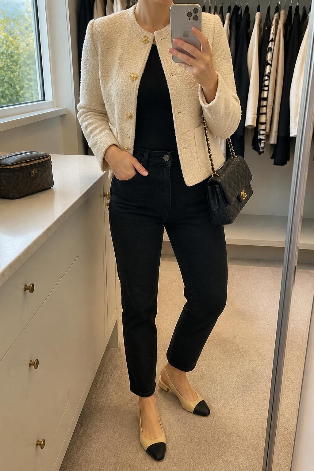 Mirror selfie of a woman wearing a cream bouclé jacket with gold buttons over a fitted black knit top, black high-waisted ankle jeans, cream-and-black leather slingback flats, and a quilted black shoulder bag with a gold chain, clearly showing the exact clothing items, colors, textures, and accessories listed, holding a latest-model iPhone in front of a mirror, cropped at the neck so the face does not show, relaxed casual selfie pose, in a walk-in closet mirror with natural window light, a clothing rack with garments behind and a cosmetic bag on the counter, realistic uncluttered scene, latest iPhone photo quality.