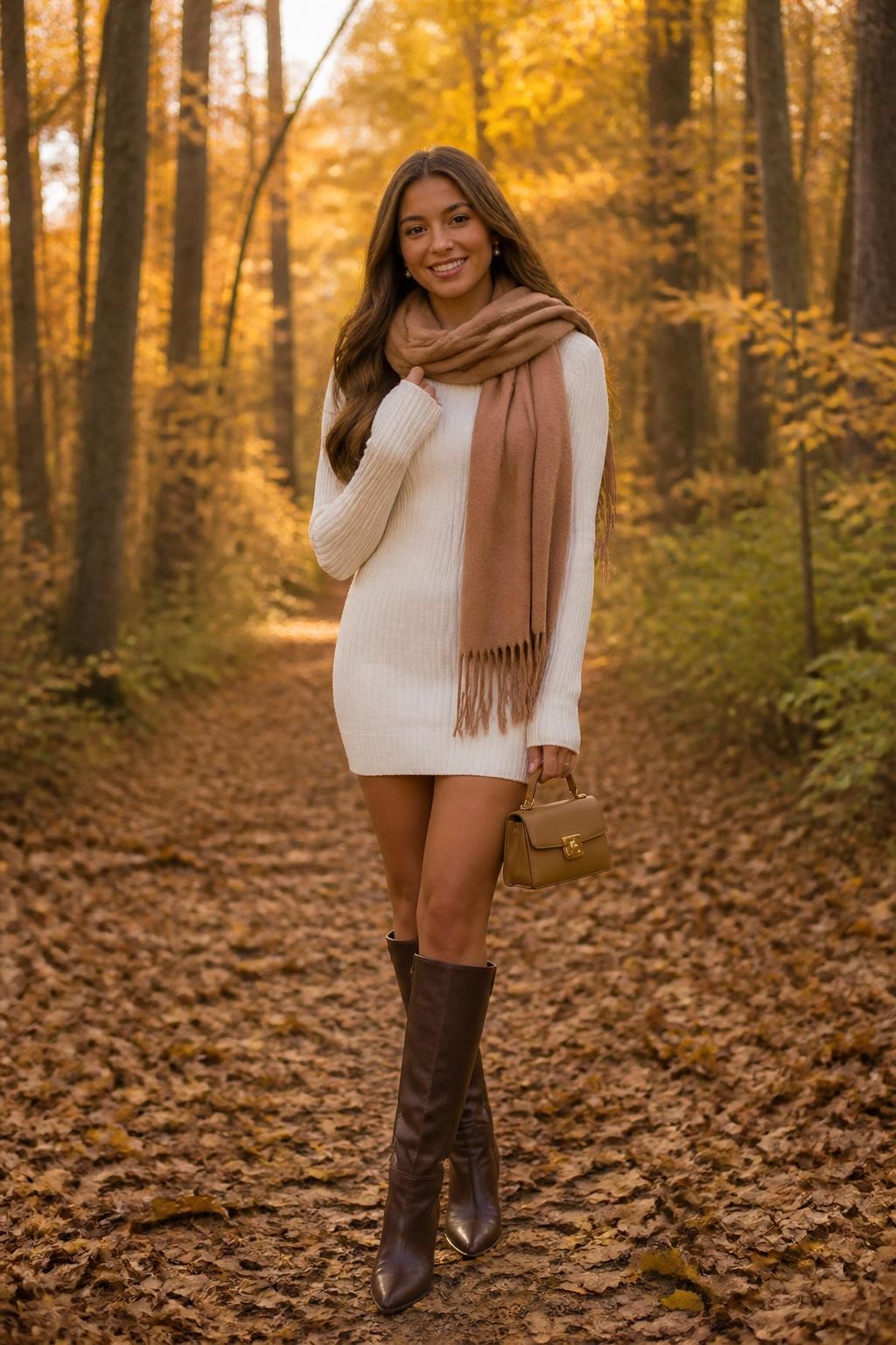 realistic fall senior portrait of a young woman wearing an ivory ribbed long-sleeve knit mini dress, tall chocolate brown leather boots, a camel wool scarf, small pearl earrings, and a tan mini handbag, standing on a leaf-covered woodland path, full-body composition clearly showing the exact dress length, ribbed texture, boots, scarf, earrings, and bag, soft natural pose with one foot slightly forward, golden filtered sunlight through trees, shallow depth of field, professional DSLR photography.