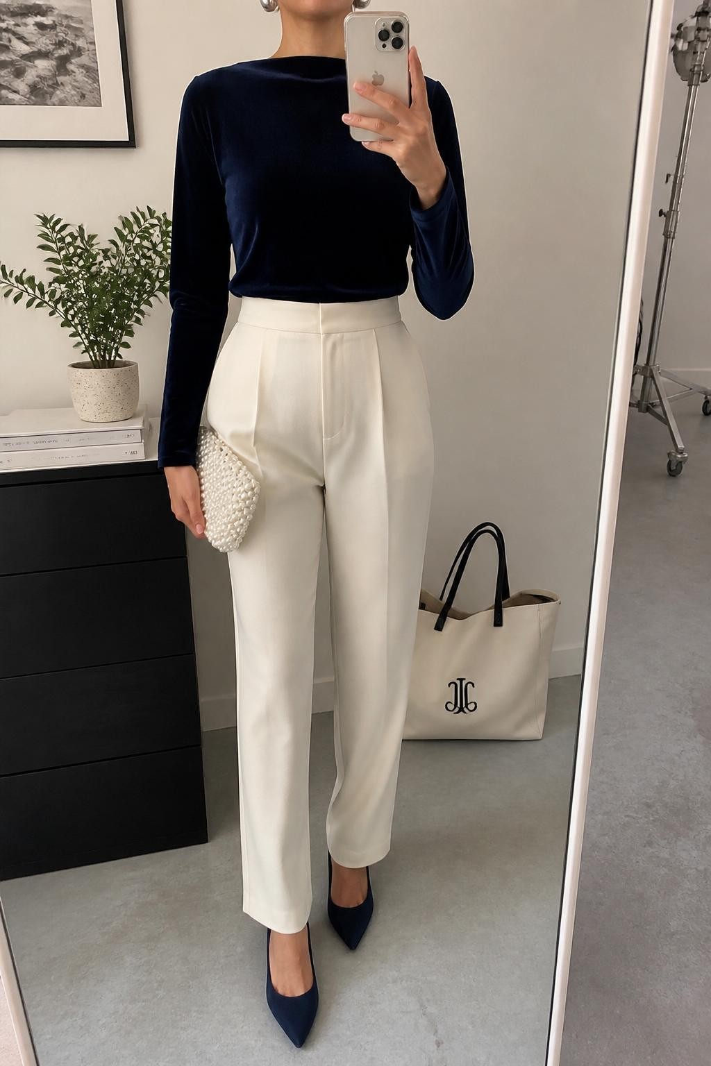 mirror selfie of a woman wearing the exact outfit described above, clearly showing a navy velvet long-sleeve top, cream tailored pants, navy pointed pumps, silver earrings, and a pearl white clutch, holding a phone in front of a mirror, cropped at NECK so the face does not show, with a relaxed casual selfie pose, in a fashion studio mirror corner, soft indoor lighting, with a small plant on a dresser and a tote bag resting on the floor, latest iPhone photo quality.