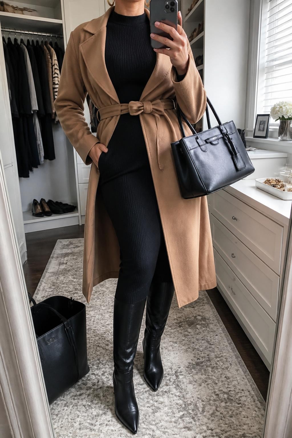 mirror selfie of a curvy woman wearing a camel wrap coat over a black ribbed midi dress, black knee-high leather boots, gold hoop earrings, and a structured black tote bag, clearly showing the same clothing items, colors, fabrics, and accessories listed in the Outfit Pieces section, holding a phone in front of a mirror, cropped at NECK so the face does not show, with a relaxed casual selfie pose, in a walk-in closet mirror, natural window light, including a tote bag resting on the floor and a jewelry tray on the vanity, latest iPhone photo quality.