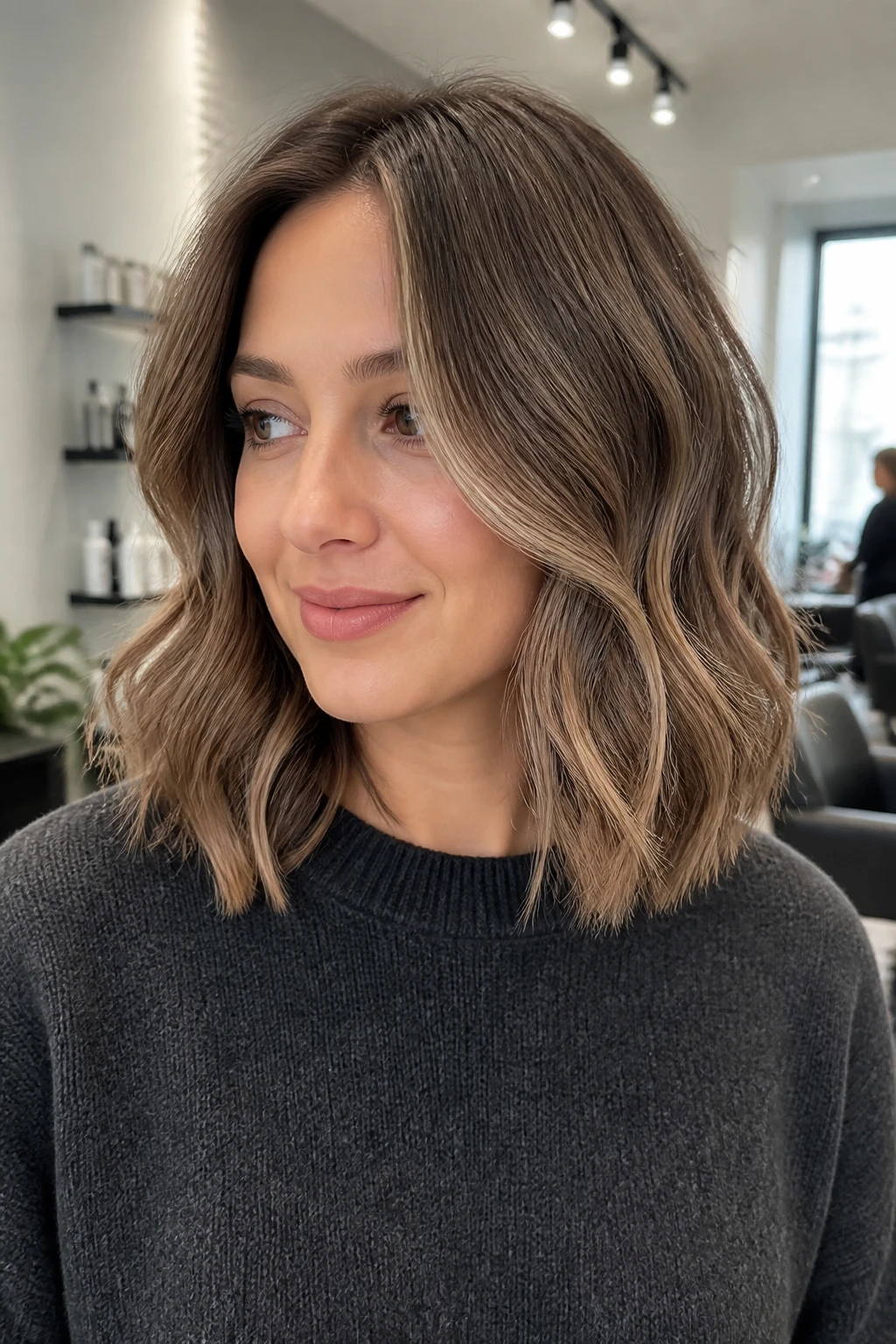 A realistic salon portrait of a woman with fair neutral skin and collarbone-length softly waved hair, frosted truffle brunette melt, deep truffle-brown roots, neutral cocoa mid-lengths, muted mushroom-beige ribbons and cool biscuit highlights through the front and ends, fine taupe lowlights beneath the crown, no golden brassiness or silver-gray cast, loose polished bends, middle part, charcoal cashmere sweater, bright modern salon background, diffused daylight, realistic color blending, subtle flyaways and natural shine.