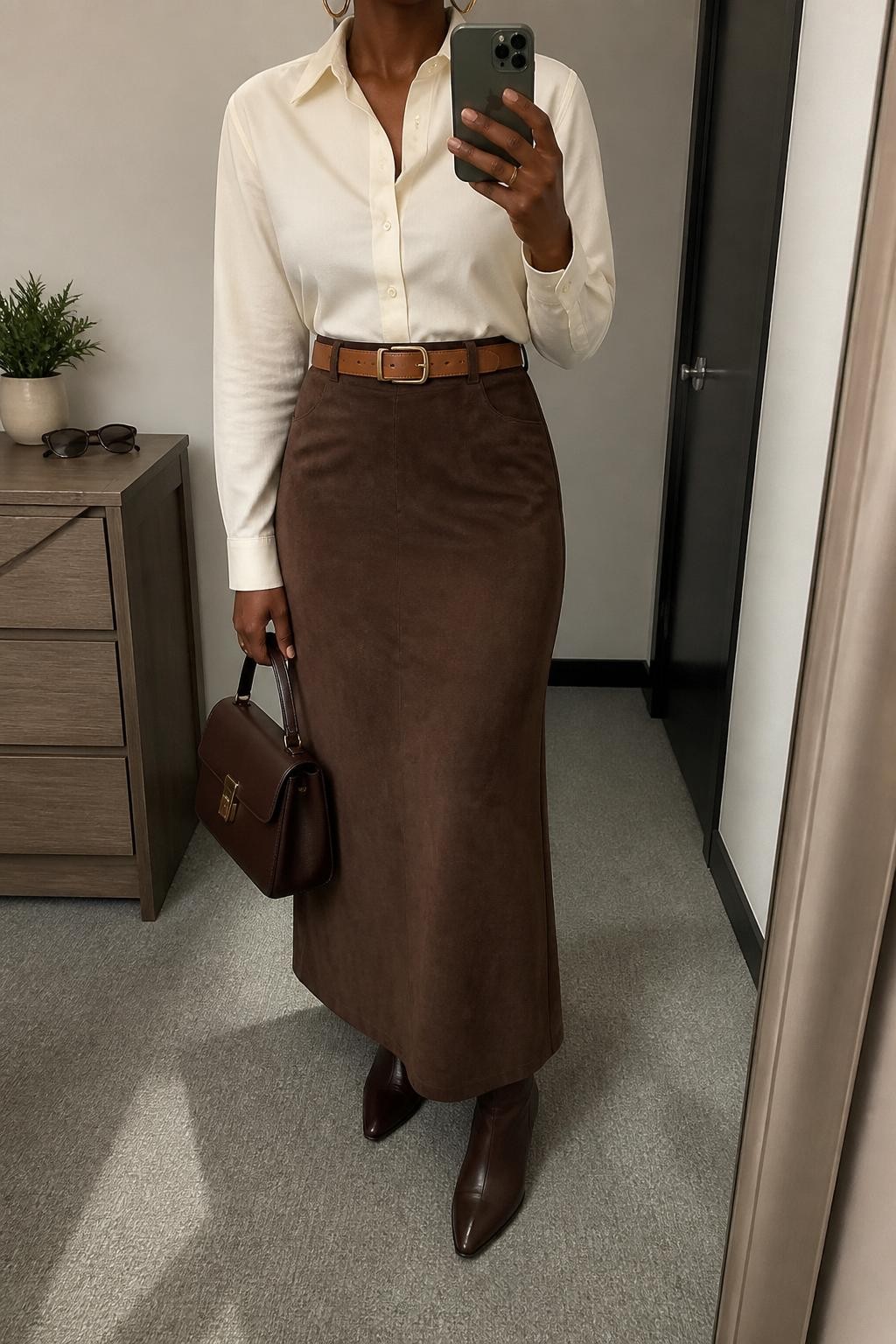 mirror selfie of a Black woman wearing the exact outfit described above, clearly showing a mocha suede maxi skirt, crisp cream button-down shirt tucked in, dark brown pointed ankle boots, tan leather belt, chocolate top-handle bag, and gold hoop earrings, holding a phone in front of a mirror, cropped at NECK so the face does not show, with a relaxed casual selfie pose, in a minimal dressing room, soft indoor lighting, with sunglasses placed on a dresser and a small plant on a dresser, latest iPhone photo quality.