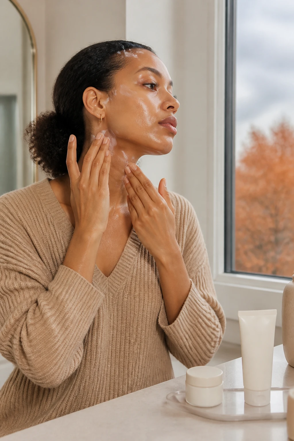Image Prompt: A bright realistic beauty photograph of a Black woman with warm medium-brown skin applying sunscreen across her face, ears, and neck before leaving home on a cloudy fall morning, natural curls styled into a low puff, camel knit sweater and small gold earrings, sunscreen blending smoothly without an obvious white cast, unbranded SPF tube and moisturizer on a clean cream vanity, gray sky and copper trees visible through the window, natural skin texture, polished DSLR skincare campaign, 85mm lens, no labels, no text.