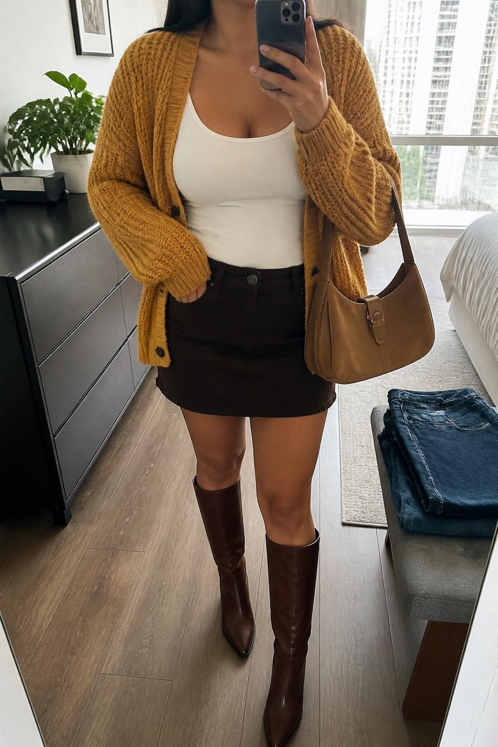 mirror selfie of a Latina woman wearing a mustard chunky cardigan, white fitted tank top, dark brown mini skirt, brown knee-high boots, and a tan suede handbag, holding a phone in front of a mirror, cropped at NECK so the face does not show, relaxed casual selfie pose, in a stylish city apartment with natural window light, including a small plant on a dresser and folded denim jeans on a bench, realistic latest iPhone photo quality.