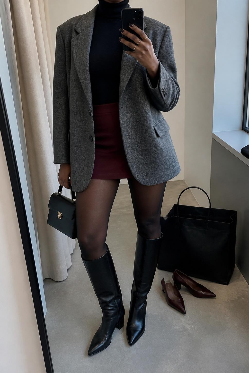 mirror selfie of a Black woman wearing an oversized gray wool blazer, fitted black turtleneck, burgundy wool mini skirt, sheer black tights, black leather knee-high boots, and a black top-handle bag, clearly showing the same clothing items, colors, fabrics, and accessories listed in the Outfit Pieces section, holding a phone in front of a mirror, cropped at NECK so the face does not show, with a relaxed casual selfie pose, in a minimal dressing room, natural window light, including a tote bag resting on the floor and a pair of heels nearby, latest iPhone photo quality.