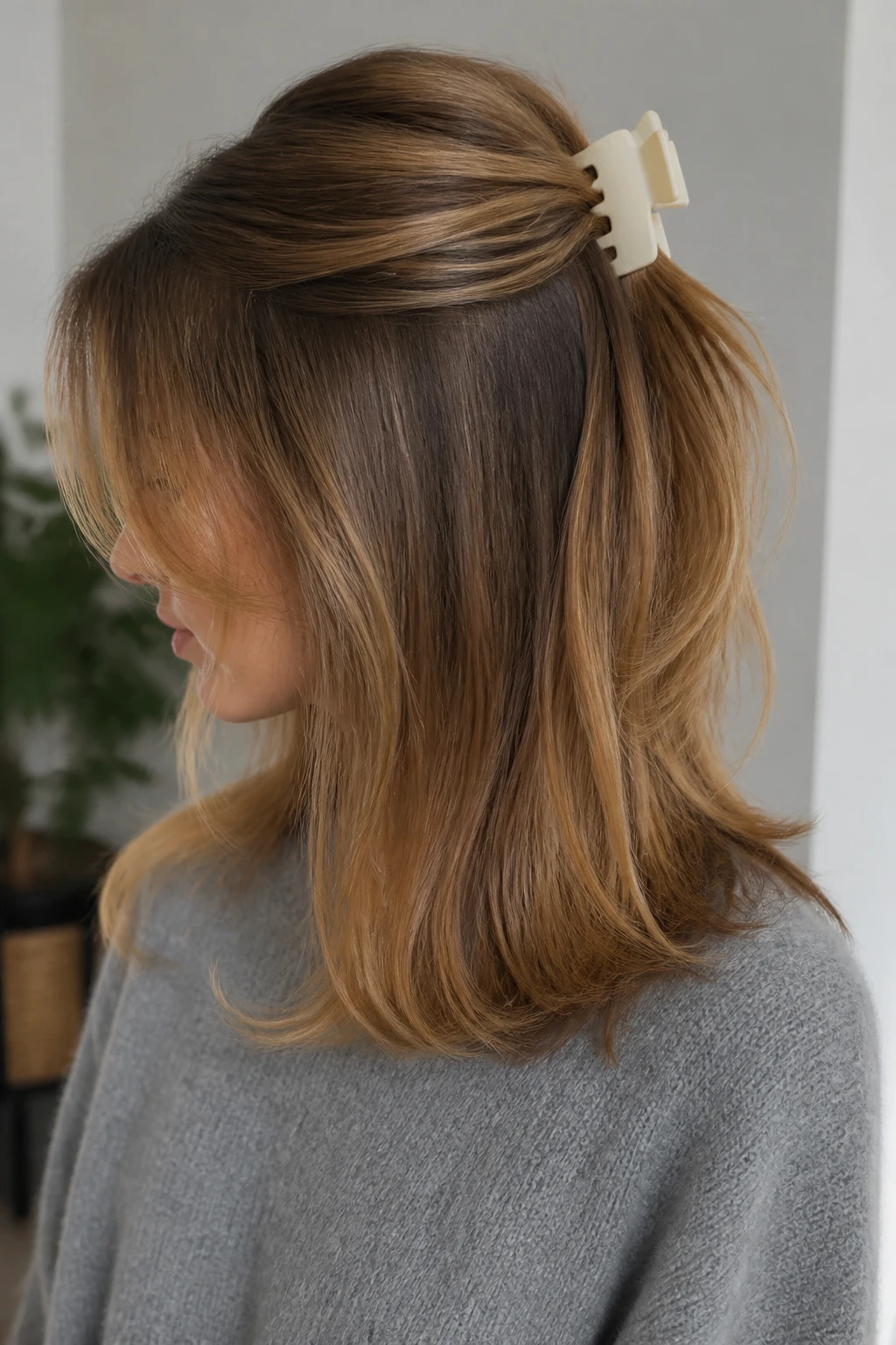 Image Prompt:
A realistic editorial close-up of a woman with medium-length layered dark blonde hair styled with a small matte cream claw clip, front sections softly twisted back and clipped at the crown, airy layers around the face, loose bends through the ends, soft gray knit sweater, indoor natural light, muted neutral background, trendy layered hairstyle inspiration, DSLR photo quality, no text, (no watermarks on images)