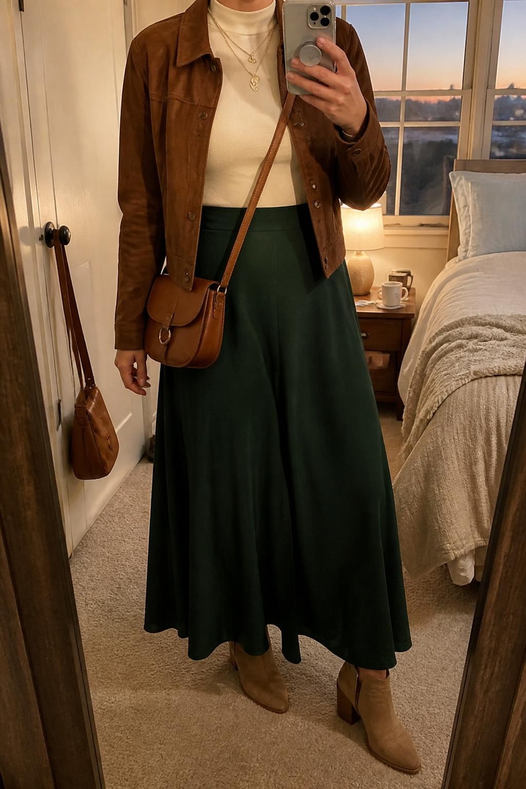mirror selfie of a woman wearing the exact outfit described above, clearly showing a forest green flowing maxi skirt, cream fitted mock-neck top, brown suede jacket, tan heeled ankle boots, caramel leather crossbody bag, and gold layered necklaces, holding a phone in front of a mirror, cropped at NECK so the face does not show, with a relaxed casual selfie pose, in a cozy bedroom mirror setup, evening golden hour, with a handbag hanging on a door handle and a coffee mug on a bedside table, latest iPhone photo quality.