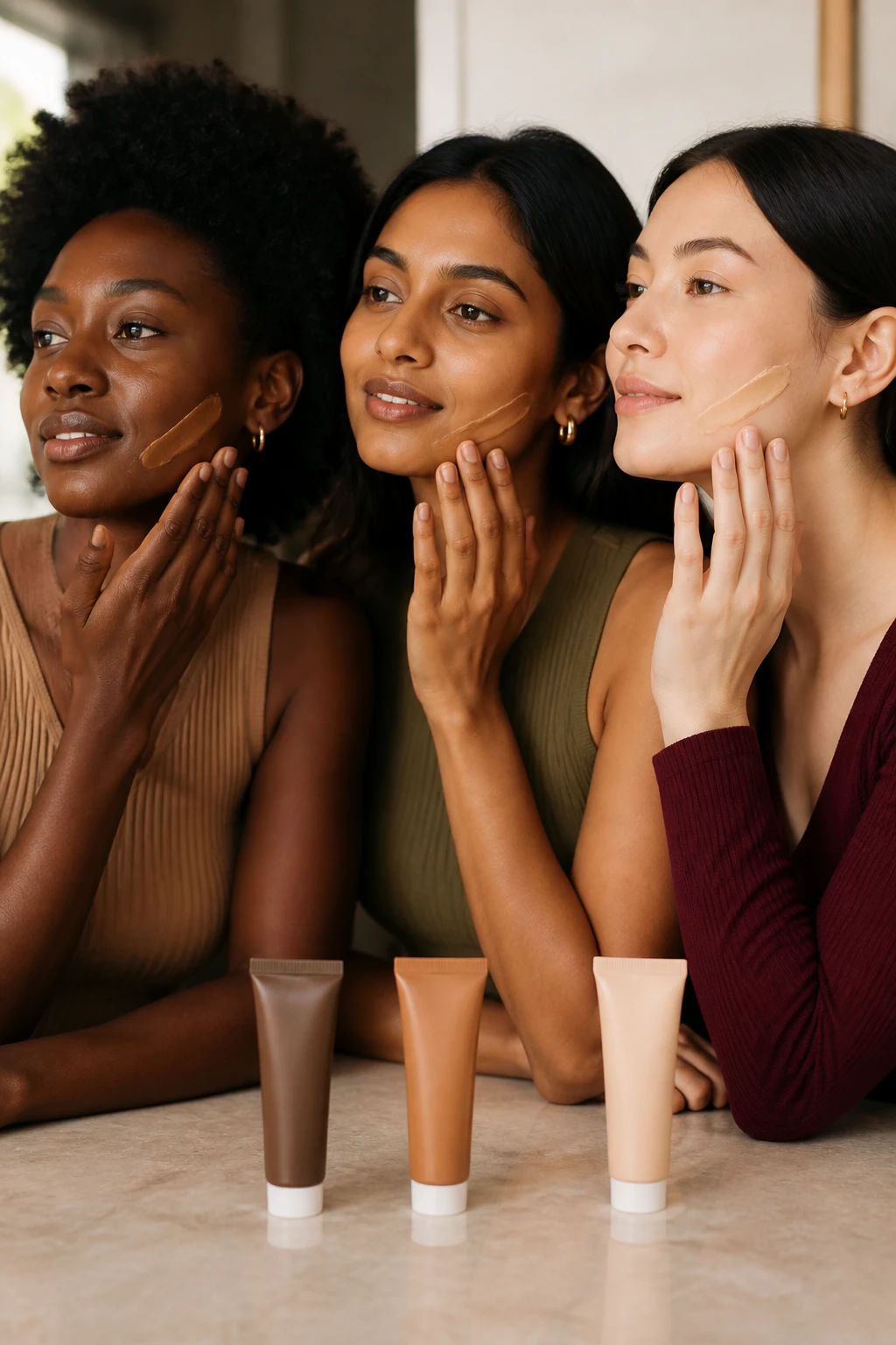 Image Prompt: A high-resolution beauty campaign photograph of three women with different skin tones testing sheer tinted sunscreen along their jawlines, a Black woman with deep mahogany skin, a South Asian woman with medium golden-brown skin, and a woman with light neutral skin, sunscreen blending naturally without gray, purple, or chalky residue, women wearing coordinated camel, olive, and burgundy knit tops, plain unbranded sunscreen tubes on a clean stone counter, soft diffused fall daylight, natural pores and undertones visible, premium inclusive DSLR skincare photography, 100mm lens, no product labels, no text.