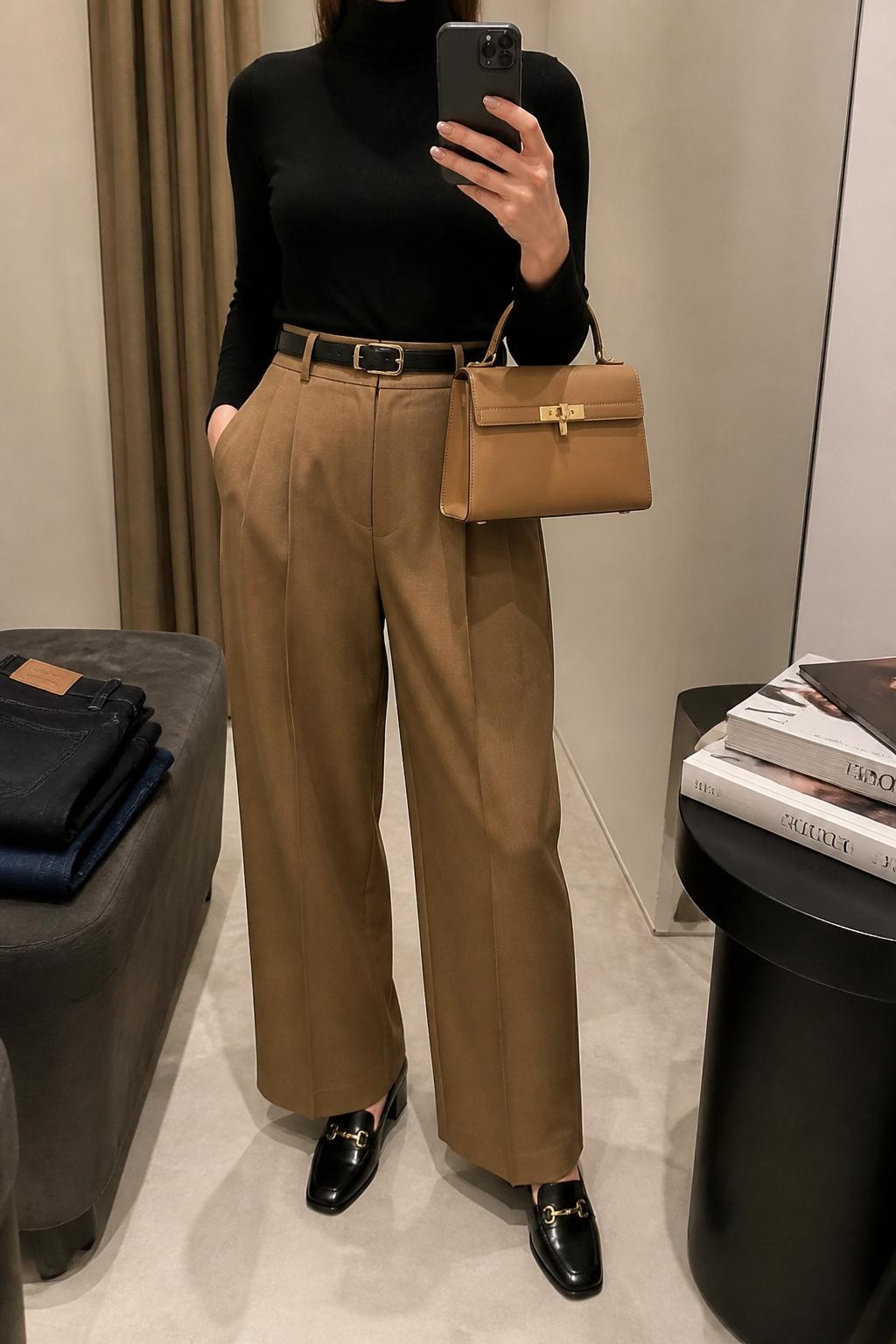 mirror selfie of a woman wearing a fitted black turtleneck, camel pleated wide-leg trousers, black heeled loafers, a slim black leather belt, and a structured camel top-handle bag, clearly showing the same clothing items, colors, fabrics, and accessories listed in the Outfit Pieces section, holding a phone in front of a mirror, cropped at NECK so the face does not show, with a relaxed casual selfie pose, in a minimal dressing room, warm moody lighting, including a stack of fashion magazines on a side table and folded denim jeans on a bench, latest iPhone photo quality.