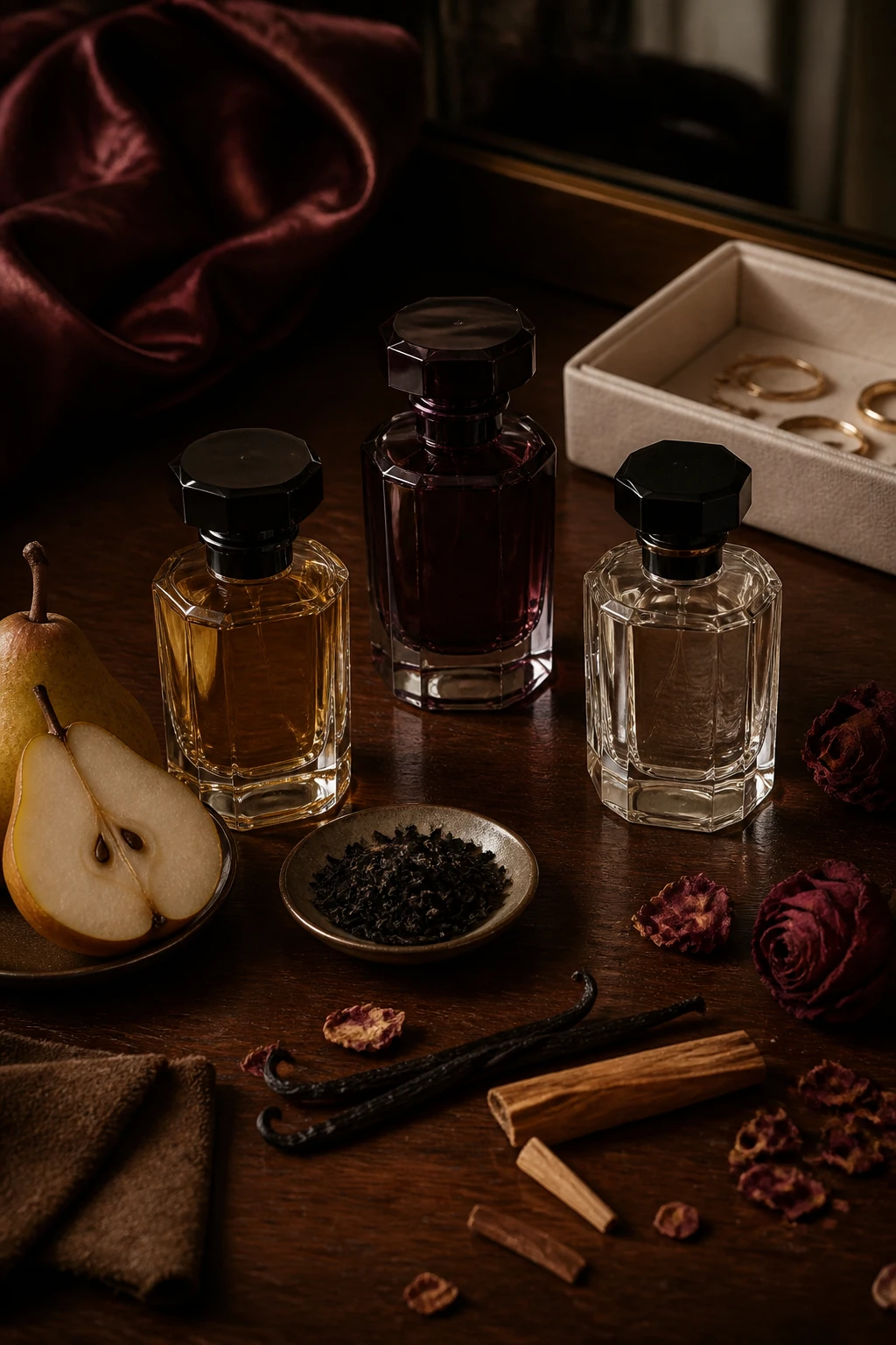 Image Prompt: An elegant realistic flat-lay photograph of a curated fall fragrance wardrobe arranged on a dark walnut vanity, three unbranded glass perfume bottles in amber, smoky plum and clear glass, surrounded by subtle scent ingredients including sliced pear, black tea leaves, vanilla pod, sandalwood, dried rose petals and a small piece of suede fabric, cream jewelry tray and burgundy silk scarf nearby, warm low side lighting creating soft reflections, premium luxury beauty editorial photography, 50mm lens, realistic glass and fabric textures, no brand names, no text.