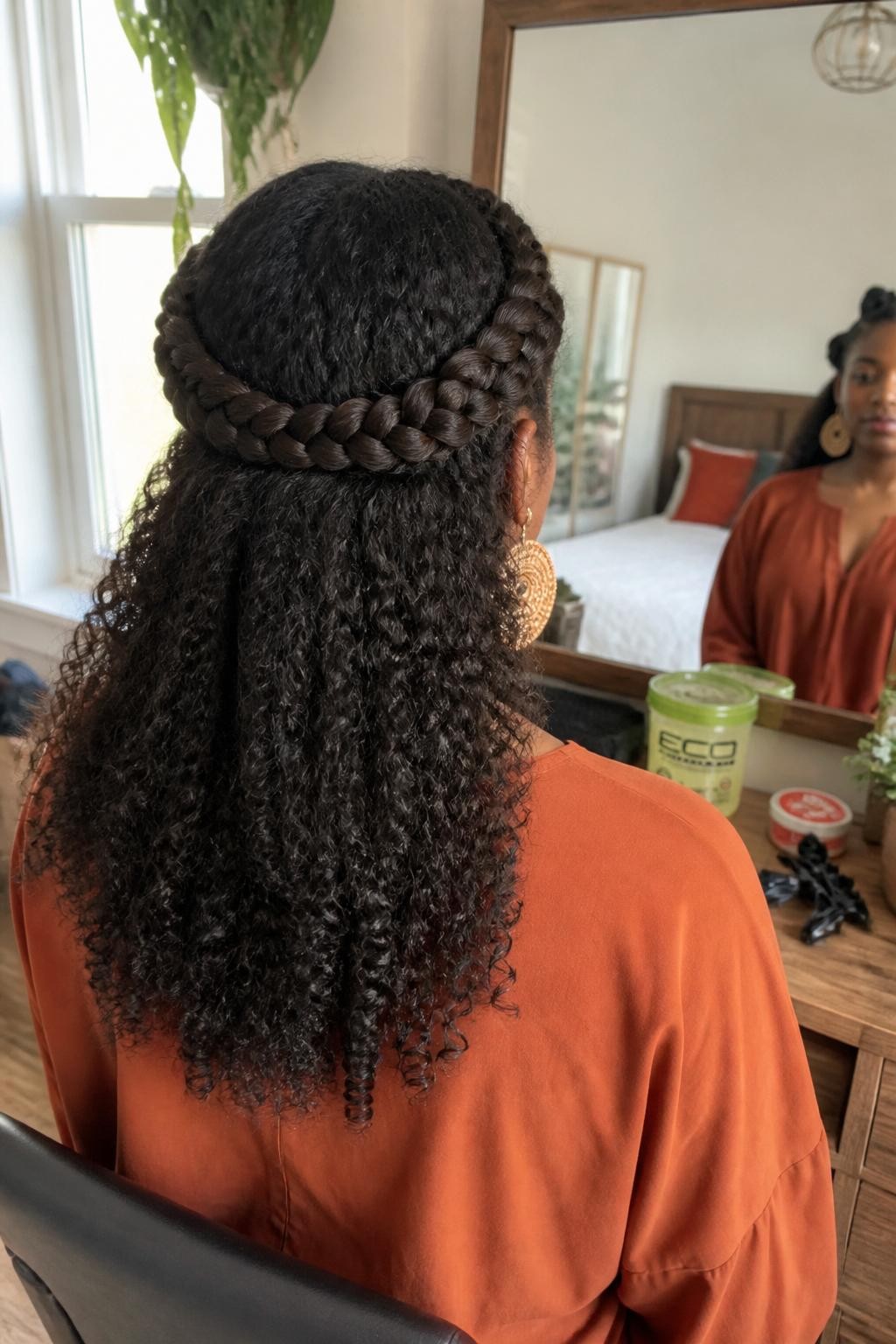Photo of a Black woman wearing long natural curls with two wide front braids wrapped around the sides of the head to form a half halo, while the remaining curls fall freely down the back, back-of-head view beside a sunlit bedroom window, warm natural light, braiding gel and sectioning clips on the dresser, bronze earrings visible and a burnt-orange blouse reflected in the mirror, realistic curl volume and flyaways, latest iPhone photo quality.