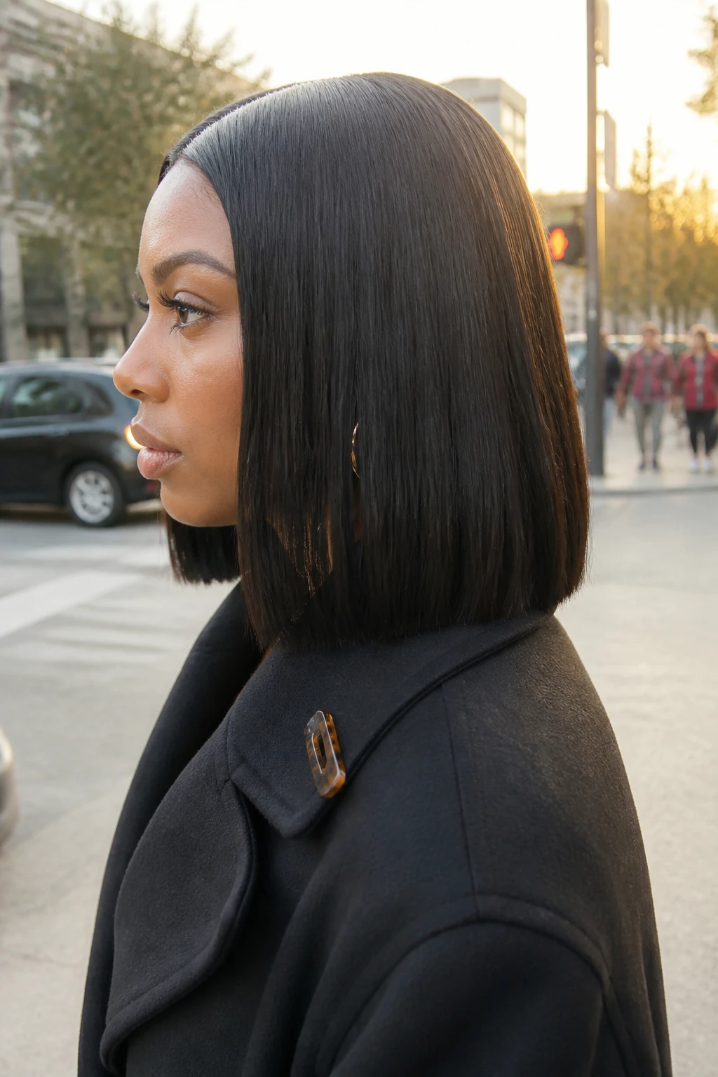 Image prompt

Photo of a woman wearing a sharp blunt-cut straight weave lob with an even shoulder-skimming hemline and clean middle part, side profile view highlighting the thick straight ends, softly blurred city street background, golden hour glow, containing a small lived-in detail such as a slim tortoiseshell clip attached to her coat collar and small hoop earrings peeking through, realistic candid photograph, latest iPhone photo quality.