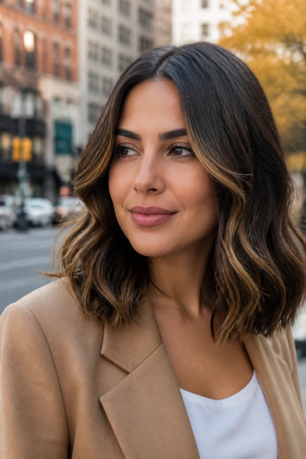 A realistic portrait of a woman with medium olive skin and dark brown collarbone-length hair, toasted caramel money pieces framing the face, deep chocolate base, soft caramel ribbons placed around the hairline and temple pieces, subtle balayage through the front layers only, loose bends, middle part, tan blazer over a white top, city street background, late-afternoon autumn light, realistic strands and soft flyaways.