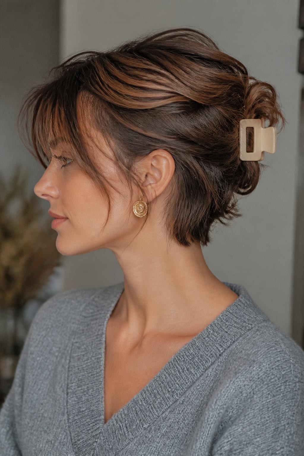 A realistic editorial close-up of a woman with a short bixie haircut styled into a textured mini updo using a small matte cream claw clip at the back, soft feathered layers, airy crown volume, loose fringe pieces around the forehead, soft grey knit sweater, indoor natural light, muted neutral background, trendy modern hairstyle inspiration, DSLR style, no text, (no watermarks on images)