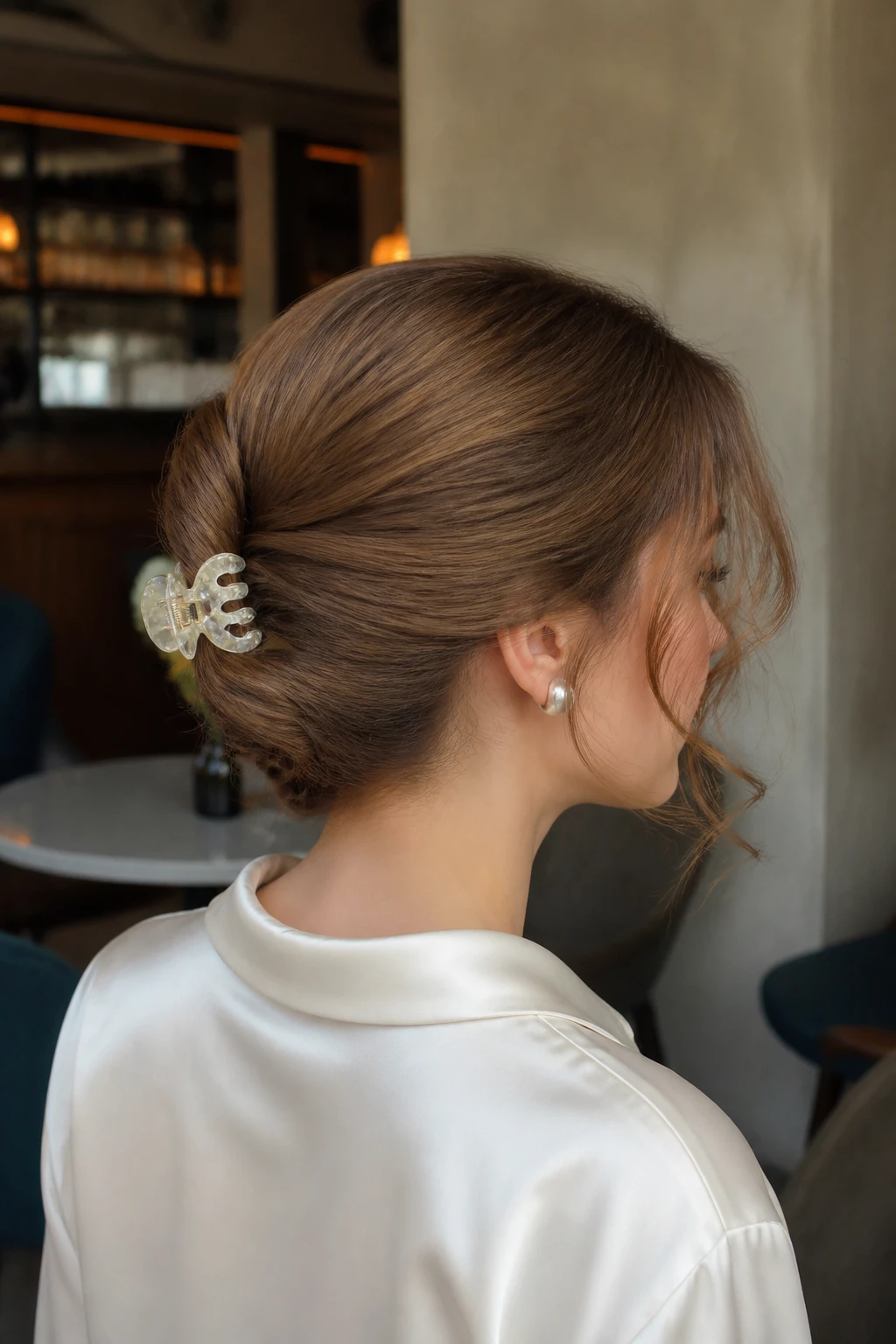 Image Prompt:
A realistic close-up hairstyle photo of a woman with medium-length light brown hair styled into a low claw clip chignon, hair softly folded at the nape and secured with a small champagne claw clip, smooth crown, loose curled tendrils near the cheeks, pearl earrings, satin ivory blouse, warm café interior background, elegant minimal hairstyle inspiration, high-resolution DSLR photo, no text, (no watermarks on images)