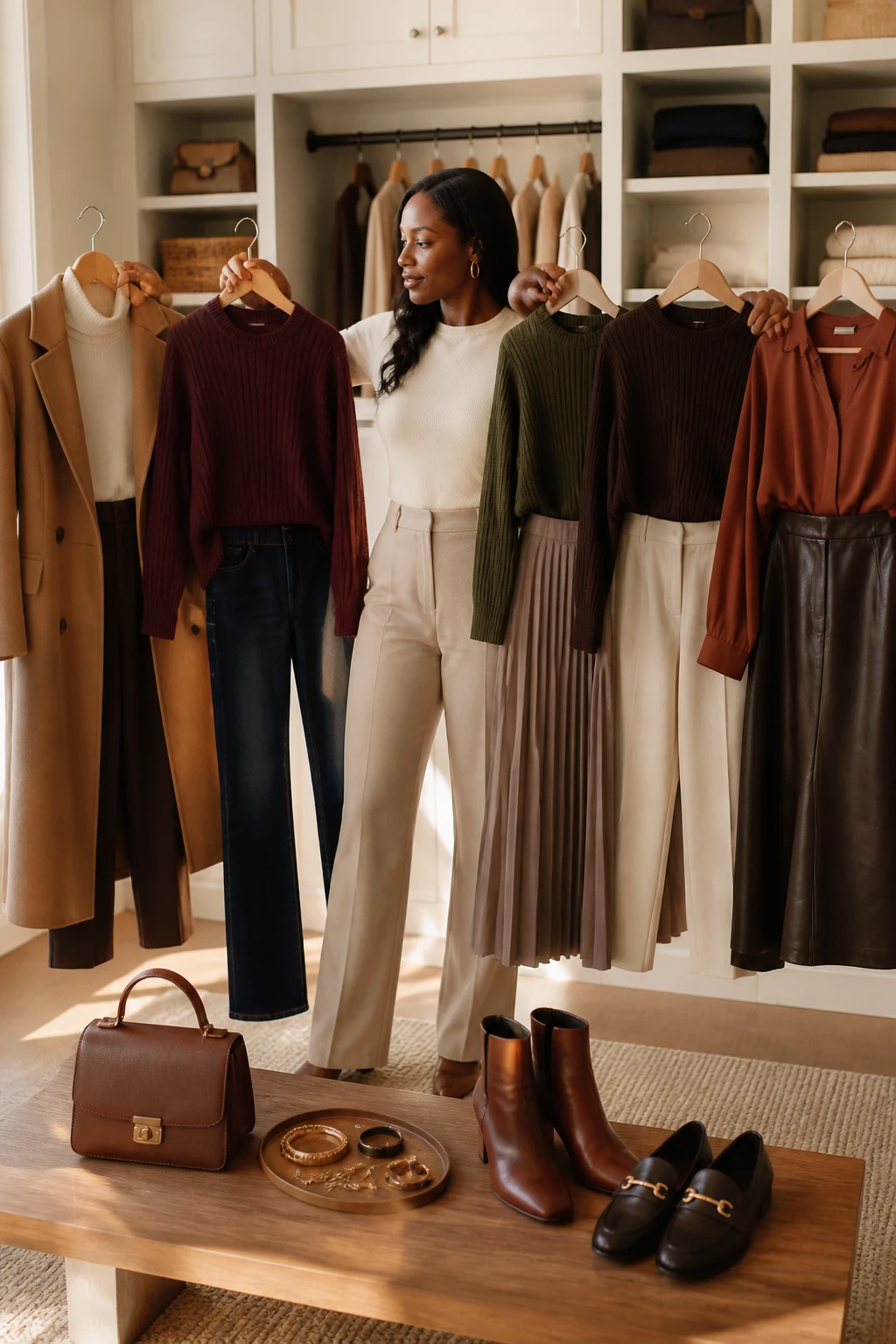 Image Prompt: A realistic fashion lifestyle photograph of a Black woman with rich dark skin planning fall outfits in a bright walk-in wardrobe, wearing a fitted cream long-sleeve top and comfortable trousers while arranging five coordinated outfits on wooden hangers, including a camel coat, burgundy knit sweater, dark straight-leg jeans, pleated midi skirt, ankle boots and simple loafers, jewelry and structured handbag placed neatly on a bench, warm afternoon light, realistic clothing textures and body proportions, cream, chocolate, olive and rust palette, polished DSLR editorial photography, 35mm lens, no logos, no text.