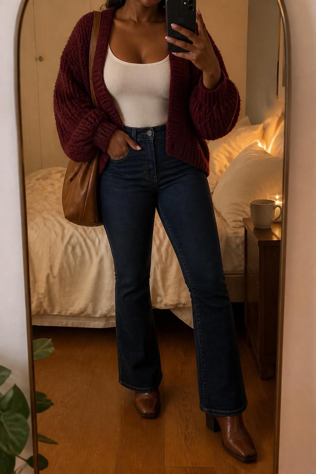mirror selfie of a Black curvy woman wearing a burgundy chunky knit cardigan over a cream fitted tank top, dark wash high-waisted flare jeans, brown heeled ankle boots, and a tan shoulder bag, clearly showing the same clothing items, colors, fabrics, and accessories listed in the Outfit Pieces section, holding a phone in front of a mirror, cropped at NECK so the face does not show, with a relaxed casual selfie pose, in a cozy bedroom mirror setup, warm moody lighting, including soft pillows on an unmade bed and a coffee mug on a bedside table, latest iPhone photo quality.
