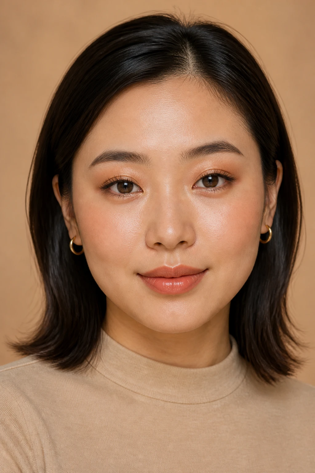 Create a single polished beauty portrait of an East Asian woman aged 22 to 29 with light-medium skin, neutral-golden undertones, softly hooded deep brown eyes, a rounded oval face, and naturally straight brows. Her dark brown hair is styled in a smooth shoulder-length lob tucked behind both ears, with a slightly off-centre part. She wears a plain warm beige mock-neck top that leaves the face as the clear focus.
Apply caramel-taupe satin eyeshadow across the mobile lids, placing the colour slightly above the natural crease so it remains visible on the hooded eye shape. Blend matte toffee-brown through the outer crease and outer third of the lids with soft edges. Tap fine champagne shimmer onto the inner third of each lid and place a small matching highlight at the inner corners. Maintain clean separation between champagne, caramel, and toffee. Draw an extremely fine chestnut-brown line along the upper lash roots, keeping the line thin from the inner to outer corner without a large wing. Sweep a faint wash of caramel shadow along the outer half of the lower lash lines. Curl the lashes and apply lengthening brown-black mascara with individual hair definition. Keep the brows softly brushed and natural, with visible individual strands.
Use natural luminous foundation matched accurately to the face, neck, and chest. Retain visible pores, fine facial hairs, natural under-eye texture, and slight skin variation. Apply caramel-peach blush across the upper apples of the cheeks and blend it gently outward. Use soft neutral-golden bronzer around the temples and jawline with no sharp contour. Add a restrained champagne highlight to the cheekbones. Line the lips lightly with peach-brown pencil and apply peachy caramel gloss with moderate shine, natural lip size, and visible lip lines.
Pose her front-facing with her chin slightly lowered and her gaze directed toward the camera. Both eyes should be fully visible, and her face should occupy approximately 70 percent of the frame. Capture the image with a full-frame mirrorless camera and a 100mm macro portrait lens using soft daylight with gentle frontal fill. Keep sharp focus on the champagne shimmer, lashes, brown irises, and lip texture. Use a softly blurred caramel-beige background.
Include accurate facial anatomy, correctly aligned pupils, natural eye direction, symmetrical liner, individual lashes and brows, realistic pores, fine facial hairs, natural lip lines, subtle facial asymmetry, believable highlights, accurate shadow placement, realistic hair strands, and natural human proportions.
Avoid waxy skin, heavy airbrushing, muddy caramel shades, overly pale champagne, disappearing lid colour, thick liner that hides the lids, distorted pupils, crossed eyes, duplicate lashes, block brows, oversized lips, foundation mismatch, harsh contour, metallic cheek stripes, strange teeth, distorted jewellery, extra fingers, hands covering the makeup, floating products, text, logos, watermarks, collages, and split screens.