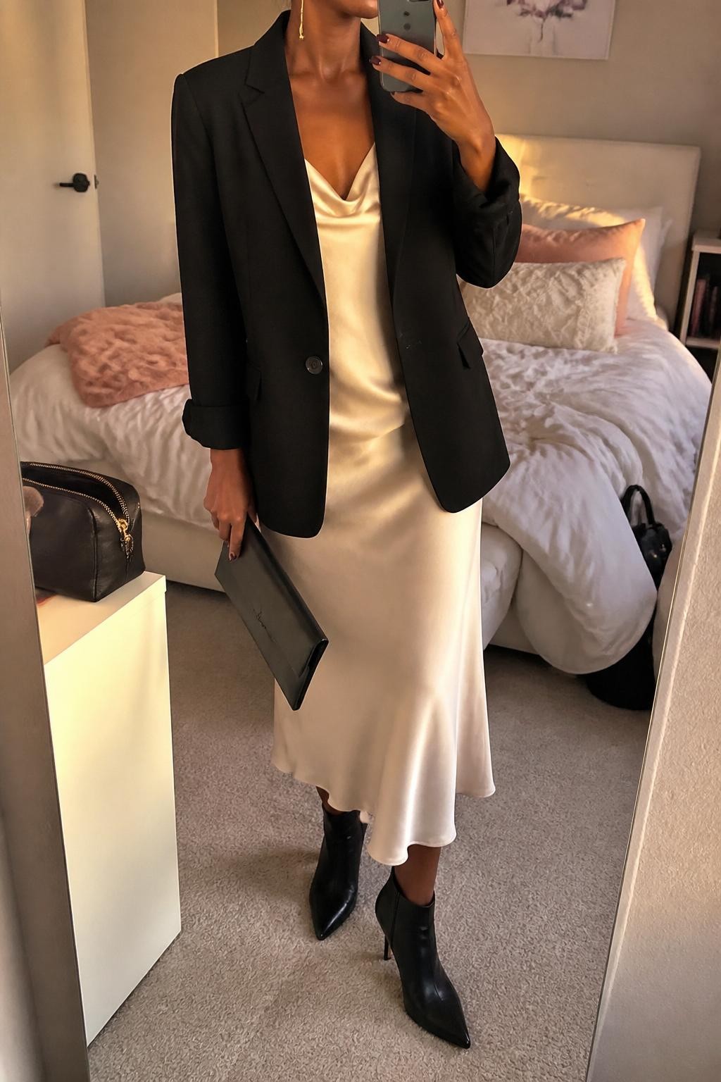 mirror selfie of a Black woman wearing the exact outfit described above, clearly showing a black denim blazer layered over an ivory satin midi slip dress, black pointed ankle boots, a black envelope clutch, and gold drop earrings, holding a phone in front of a mirror, cropped at NECK so the face does not show, with a relaxed casual selfie pose, in a feminine-themed bedroom, evening golden hour, with a makeup brush or cosmetic bag on the counter and soft pillows on an unmade bed, latest iPhone photo quality.