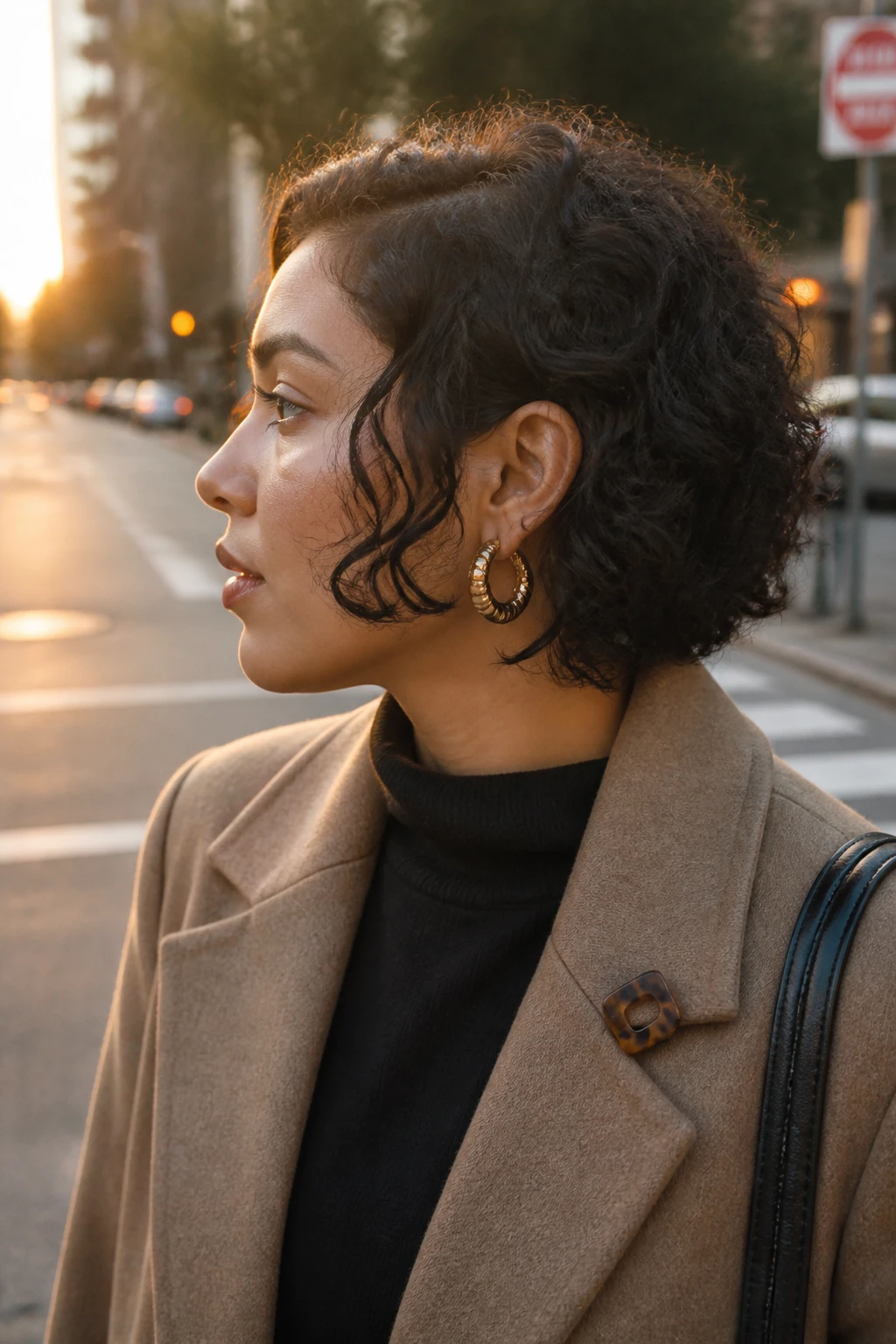Image prompt

Photo of a Latina woman wearing an asymmetrical short curly bob with one side cut slightly longer, a deep side part, and defined curls shaping the jawline, side profile view against a softly blurred city street background, golden hour glow, containing a small lived-in detail such as statement earrings and a tiny claw clip attached to her coat collar, realistic candid photograph, latest iPhone photo quality.