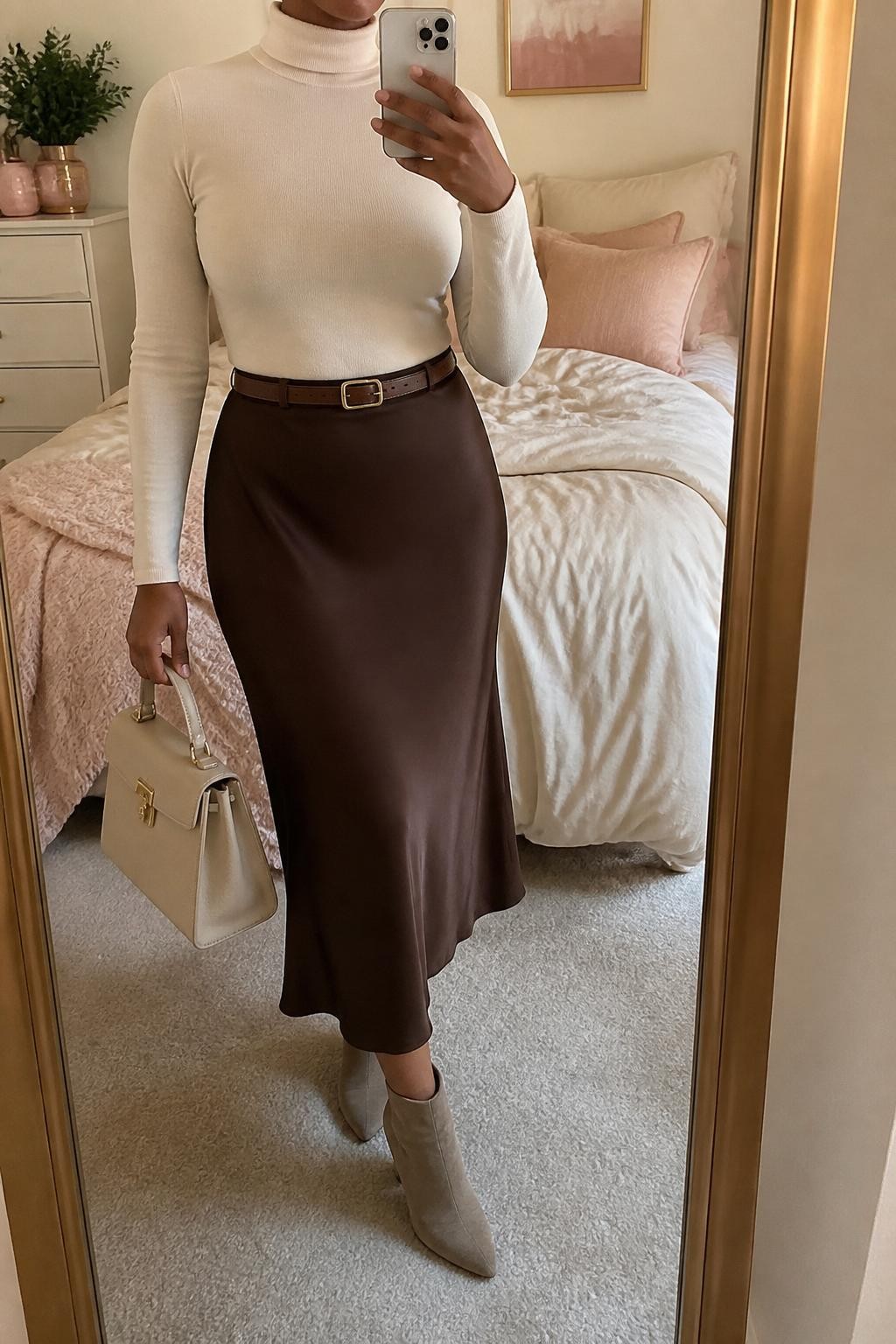 mirror selfie of a Black woman wearing a cream fitted turtleneck, chocolate brown satin midi skirt, taupe suede ankle boots, slim brown leather belt, and cream top-handle bag, clearly showing the same clothing items, colors, fabrics, and accessories listed in the Outfit Pieces section, holding a phone in front of a mirror, cropped at NECK so the face does not show, with a relaxed casual selfie pose, in a feminine-themed bedroom, soft indoor lighting, including soft pillows on an unmade bed and a small plant on a dresser, latest iPhone photo quality.
