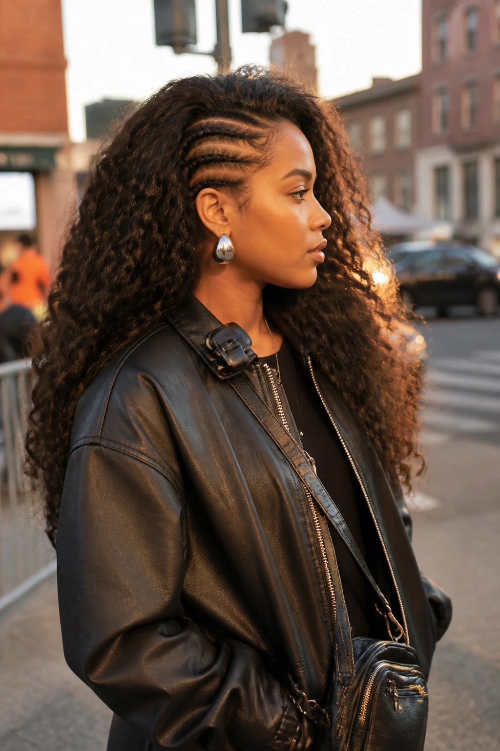 Image prompt
Photo of a Black woman wearing long defined curls with three tight cornrows along one side, creating the illusion of a shaved undercut while the opposite side stays full and voluminous, side profile view against a softly blurred city street background, golden hour glow, containing a small lived-in detail such as chunky silver earrings, a black hair clip attached to her jacket collar, and a small crossbody bag, realistic candid photograph, latest iPhone photo quality.