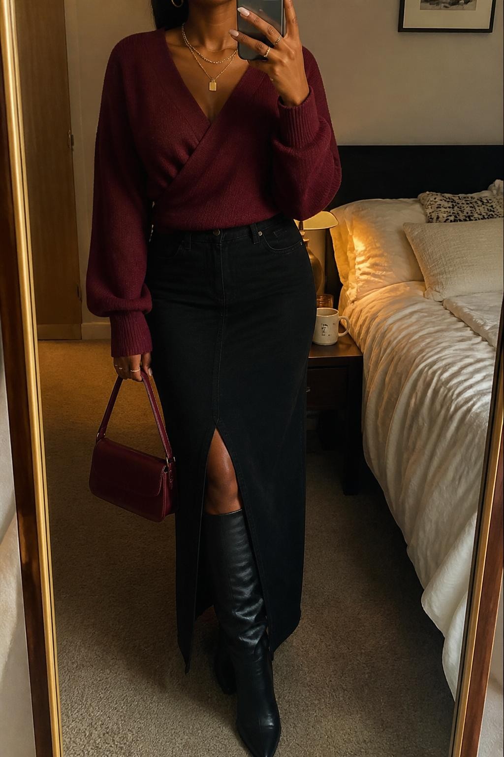 mirror selfie of a Black woman wearing the exact outfit described above, clearly showing a black denim maxi skirt with a front slit, burgundy wrap sweater, black knee-high boots, burgundy mini handbag, gold layered necklaces, and small gold hoop earrings, holding a phone in front of a mirror, cropped at NECK so the face does not show, with a relaxed casual selfie pose, in a cozy bedroom mirror setup, warm moody lighting, with a coffee mug on a bedside table and soft pillows on an unmade bed, latest iPhone photo quality.