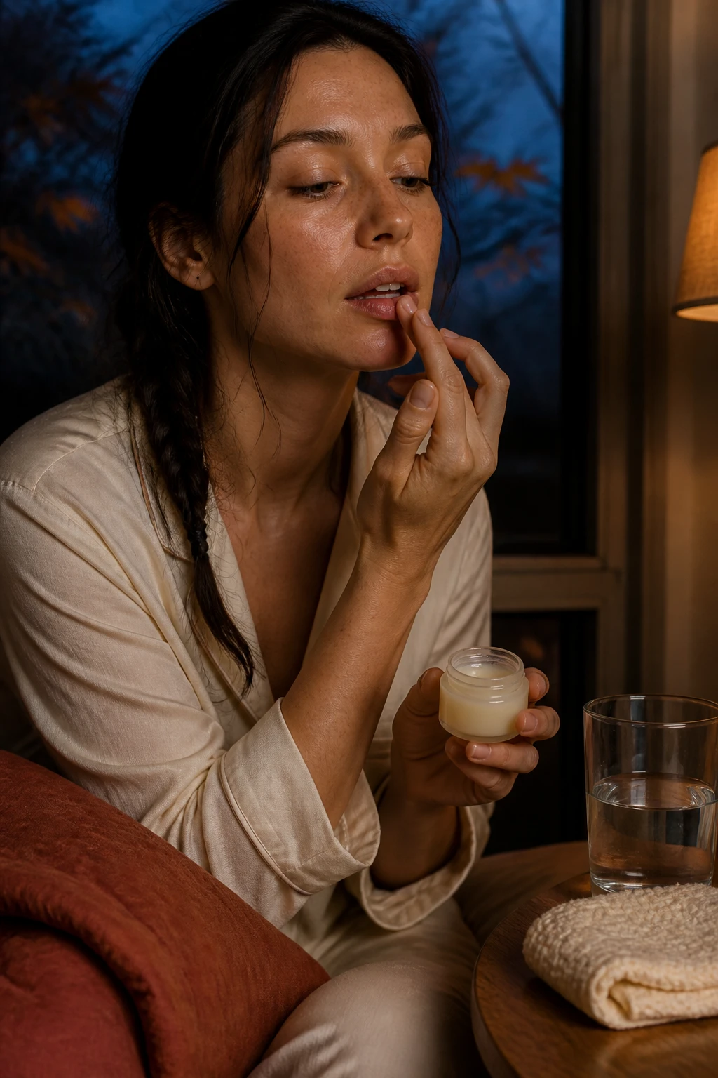 Image Prompt: A detailed close-up beauty photograph of a woman applying a thick fragrance-free lip balm before bed, naturally textured lips with mild seasonal dryness but no dramatic cracking, soft freckled skin, dark hair in a loose braid, cream pajamas, small unbranded balm jar, glass of water and folded washcloth on a wooden bedside table, warm amber lamp light, rust blanket and cool dark-blue fall evening visible through the window, intimate DSLR editorial photography, 100mm macro lens, no glossy makeup finish, no logos, no text.