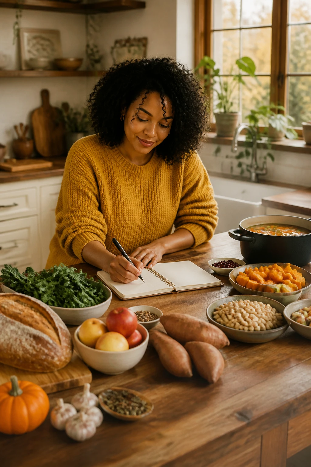 Image Prompt: A realistic food and lifestyle photograph of a Black woman with warm medium-brown skin planning simple fall meals at a wooden kitchen island, wearing a soft mustard knit sweater with sleeves pushed back, handwritten meal planner beside ingredients for vegetable soup, roasted sweet potatoes and an apple oatmeal breakfast, leafy greens, beans, bread, apples and spices arranged naturally across the counter, warm afternoon window light, cream cabinets and dark wood accents, realistic food textures and relaxed expression, editorial DSLR photography, 35mm lens, no readable private writing, no brand packaging, no text.
