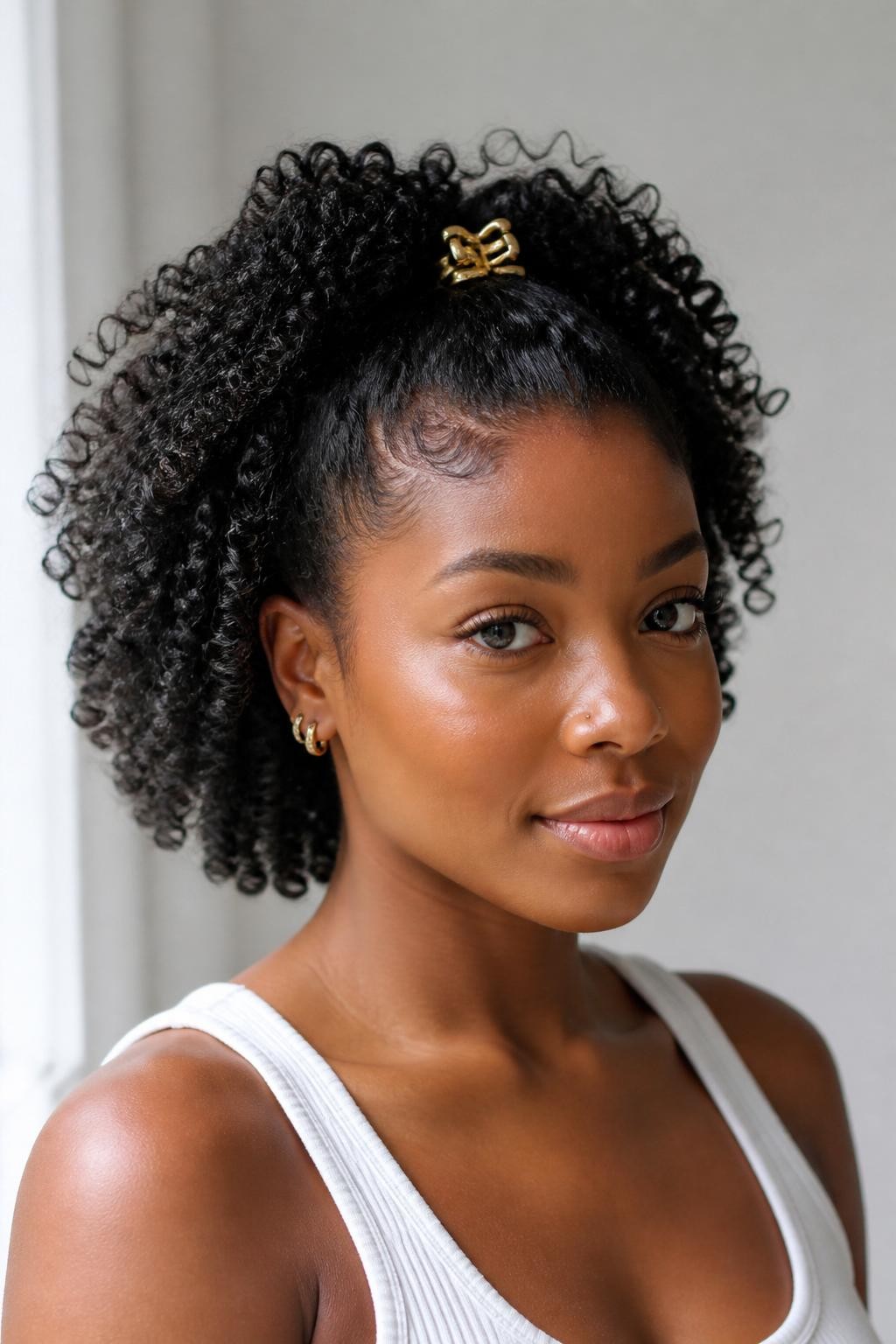 A realistic close-up portrait of a black woman with short tight curly hair styled in a mini half-up claw clip hairstyle, top curls gathered lightly with a small gold claw clip, defined springy curls left full around the head, warm brown skin, soft natural makeup, white ribbed tank top, bright window light, clean neutral background, fresh curly hairstyle inspiration, DSLR photo, no text, (no watermarks on images)