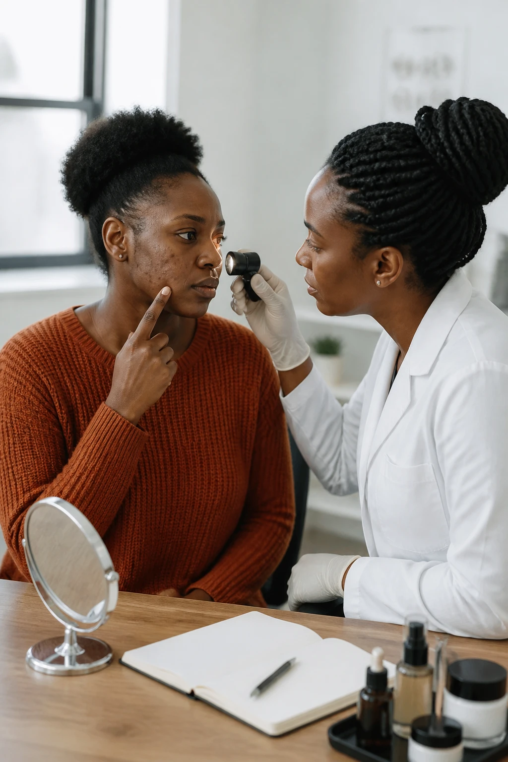 Image Prompt: A realistic professional consultation photograph of a Black woman with deep ebony skin speaking with a Black female dermatologist inside a bright modern clinic, patient pointing to recurring acne and several persistent dark patches along her cheek while the dermatologist examines the skin carefully with a small handheld light, natural pores and discoloration visible without exaggeration, patient wearing a rust knit sweater and dermatologist wearing a plain white coat, both seated at eye level, skincare notes and simple mirror on a wooden desk, soft natural window light, respectful reassuring atmosphere, premium DSLR healthcare editorial photography, 50mm lens, no clinic branding, no readable medical information, no text.