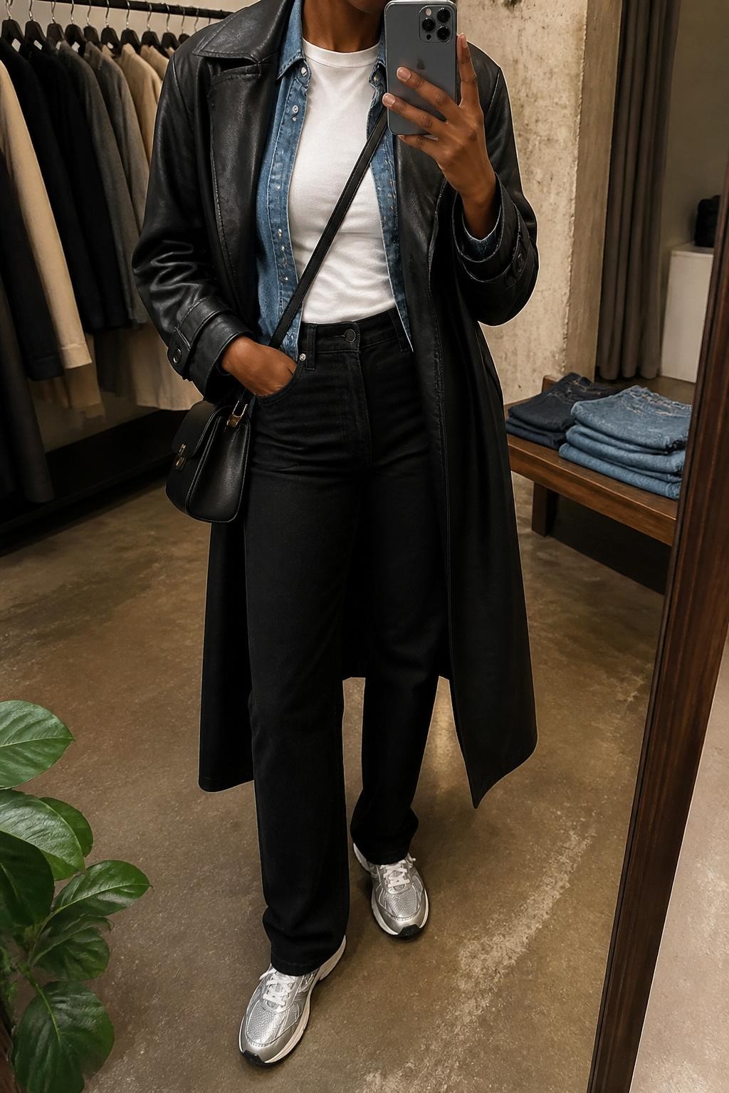 Mirror selfie of a Black woman with warm brown skin wearing a long black leather trench coat over a medium-wash blue denim button-down shirt, a fitted white crew-neck T-shirt, black high-waisted straight-leg jeans, silver metallic sneakers, and a structured black leather crossbody bag, clearly showing the exact clothing items, colors, fabrics, and accessories listed, holding a latest-model iPhone in front of a mirror, cropped at the neck so the face does not show, relaxed casual selfie pose, in a fashion studio mirror corner with warm moody lighting, a clothing rack with garments behind and folded denim jeans on a bench, realistic unstaged composition, latest iPhone photo quality.