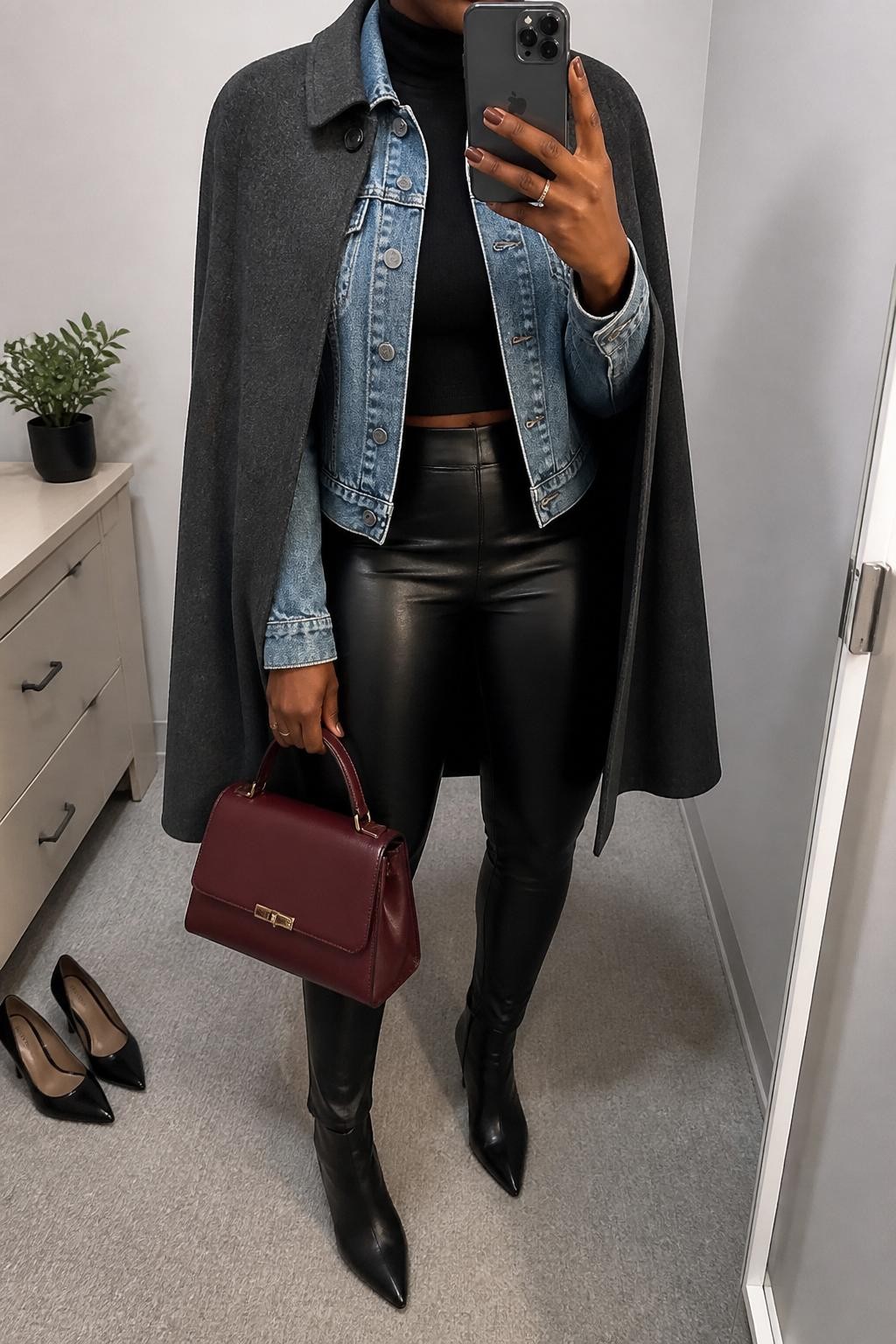 Mirror selfie of a Black woman with rich dark skin wearing a charcoal gray wool cape layered over a cropped medium-wash denim jacket and a fitted black mock-neck top, black leather-look leggings, pointed black ankle boots, and a structured oxblood handbag, clearly showing the exact clothing items, colors, fabrics, and accessories listed, holding a latest-model iPhone in front of a mirror, cropped at the neck so the face does not show, relaxed casual selfie pose, in a minimal dressing room with soft indoor lighting, a pair of heels on the floor nearby and a small plant on a dresser, realistic uncluttered composition, latest iPhone photo quality.