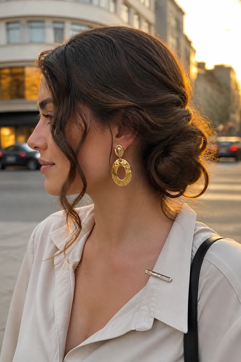 Image prompt

Photo of a woman wearing a side-swept curly chignon positioned behind one ear with soft face-framing tendrils, side profile view highlighting the bun and statement earring, softly blurred city street background, golden hour glow, containing a small lived-in detail such as a slim hair clip attached to her collar, realistic candid photograph, latest iPhone photo quality.