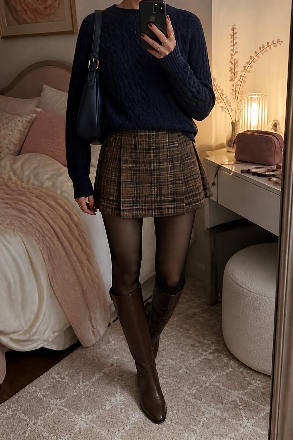 mirror selfie of a woman wearing a navy cable-knit sweater, brown plaid mini skirt, sheer black tights, brown knee-high boots, and a navy shoulder bag, clearly showing the same clothing items, colors, fabrics, and accessories listed in the Outfit Pieces section, holding a phone in front of a mirror, cropped at NECK so the face does not show, with a relaxed casual selfie pose, in a feminine-themed bedroom, warm moody lighting, including soft pillows on an unmade bed and a makeup brush or cosmetic bag on the counter, latest iPhone photo quality.