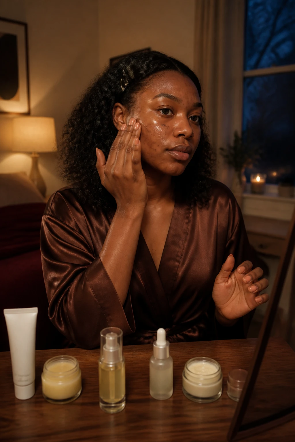 Image Prompt: A cinematic realistic beauty photograph of a Black woman with deep neutral-brown skin completing an evening skincare routine at a softly lit bedroom vanity, natural skin showing several faint brown post-acne marks and a few small blemishes without retouching, shoulder-length curls clipped away from her face, woman wearing a chocolate satin robe while applying a thin layer of azelaic acid treatment, cleansing balm, gentle cleanser, treatment serum, ceramide moisturizer, and lip ointment arranged in order on a walnut vanity, warm amber lamp, cream walls, burgundy throw blanket, and cool dark-blue fall evening outside the window, realistic hands, skin, and product textures, DSLR editorial beauty photography, 85mm lens, no logos, no text.