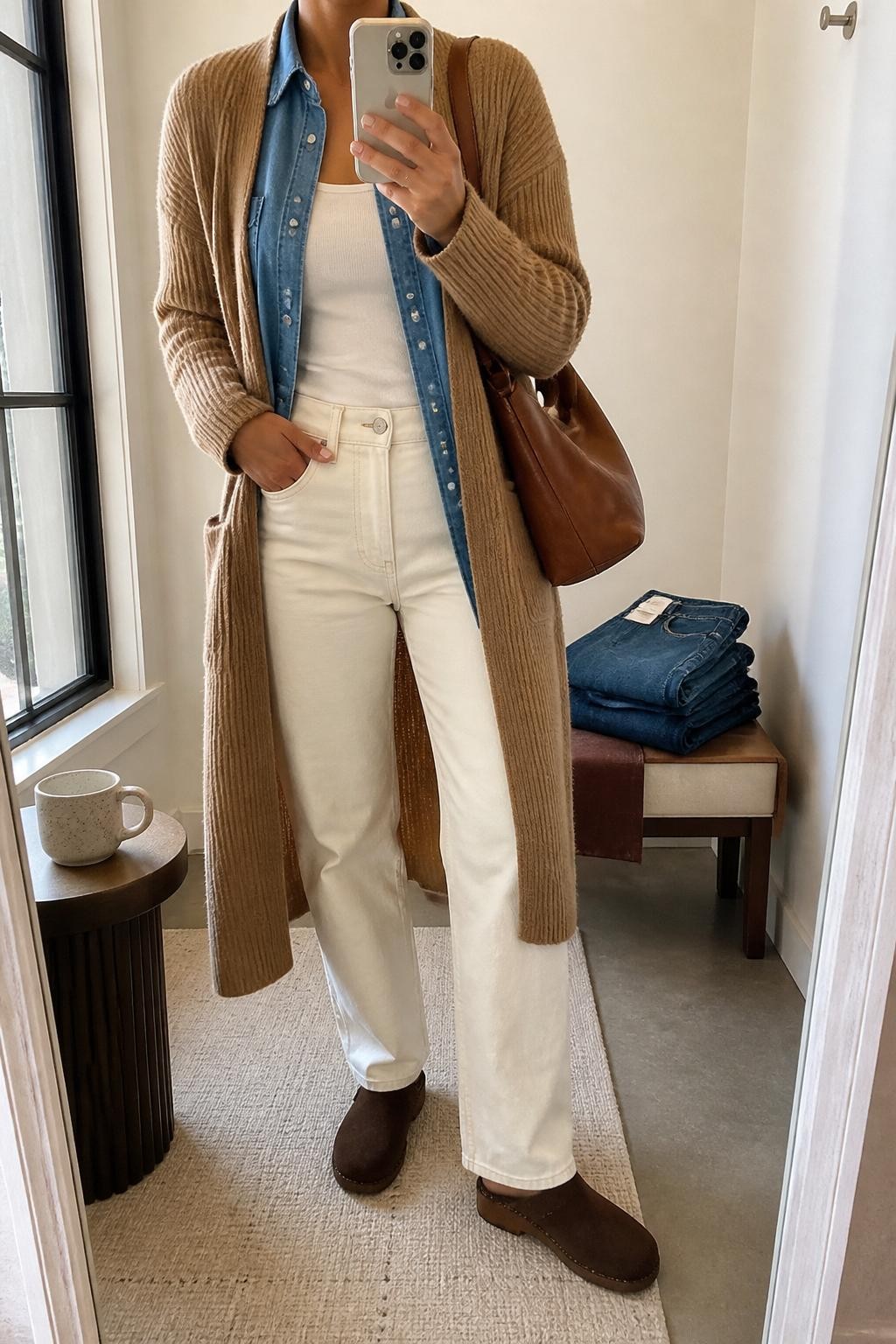 Mirror selfie of a woman wearing a long camel ribbed cardigan coat over a medium-wash denim button-down shirt and a fitted ivory tank top, cream high-waisted straight-leg jeans, chocolate brown suede clogs, and a soft cognac leather hobo bag, clearly showing the exact clothing items, colors, fabrics, and accessories listed, holding a latest-model iPhone in front of a mirror, cropped at the neck so the face does not show, relaxed casual selfie pose, in a minimal dressing room with natural window light, folded denim jeans on a bench and a coffee mug on a side table, natural casual composition, latest iPhone photo quality.