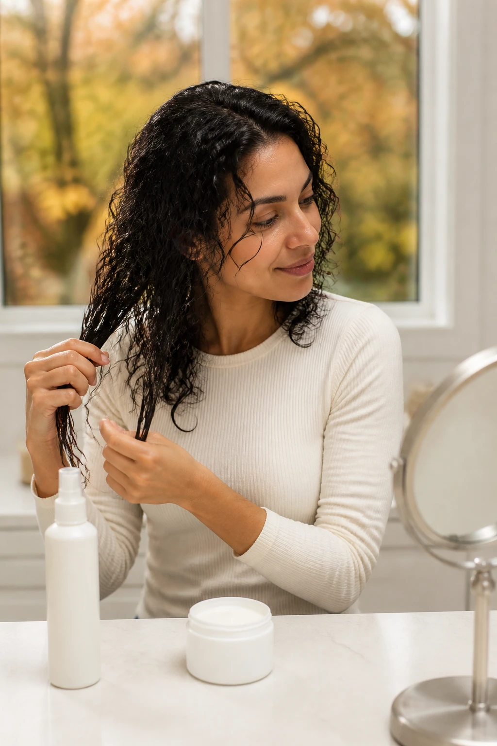 Image Prompt: A realistic editorial hair photograph of a woman with shoulder-length loose curls applying a lightweight leave-in conditioner to damp hair, dividing the curls into sections and smoothing a small amount from mid-length to ends, roots remaining clean and lifted, woman wearing a fitted cream long-sleeve top, plain spray bottle and unbranded leave-in cream on a pale stone vanity, large window showing amber autumn trees, bright diffused morning light, soft curl definition, realistic frizz and individual strands, DSLR beauty photography, 70mm lens, no product branding, no text.