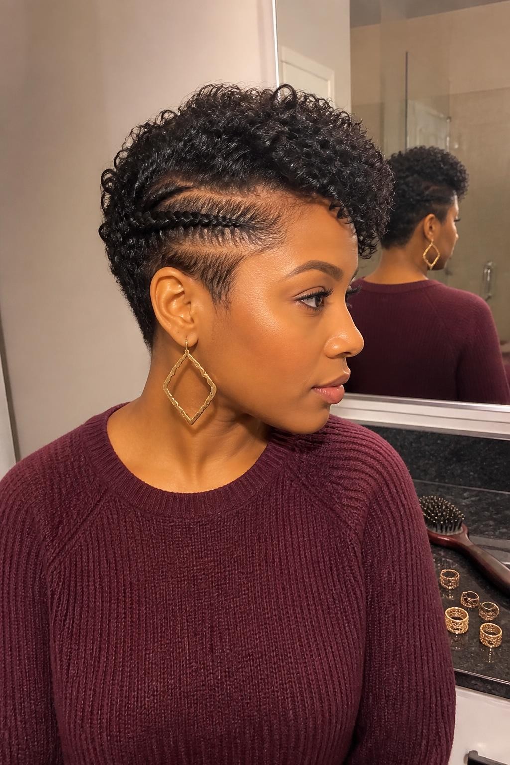 Photo of a Black woman wearing a short curly pixie with two slim flat braids following one side of the head and defined curls swept across the crown, side-profile view in a softly lit bathroom, warm indoor lighting, edge brush and small gold cuffs on the vanity, statement earring visible and a plum-colored sweater reflected in the mirror, realistic natural curl texture, latest iPhone photo quality.