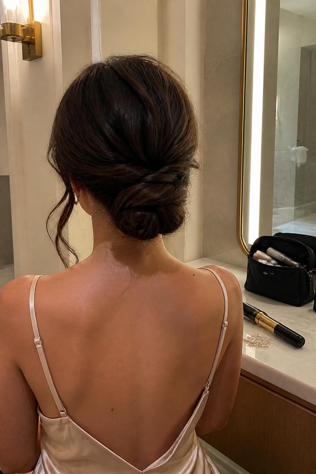 Photo of a woman wearing a soft low twisted chignon with overlapping sections, gentle volume at the crown, and two loose curls framing her face, back-of-head view at an elegant hotel bathroom vanity, warm indoor lighting, curling iron and pearl hairpins resting beside an open makeup bag, satin dress visible at the shoulders, realistic flyaways and natural skin texture, latest iPhone photo quality.