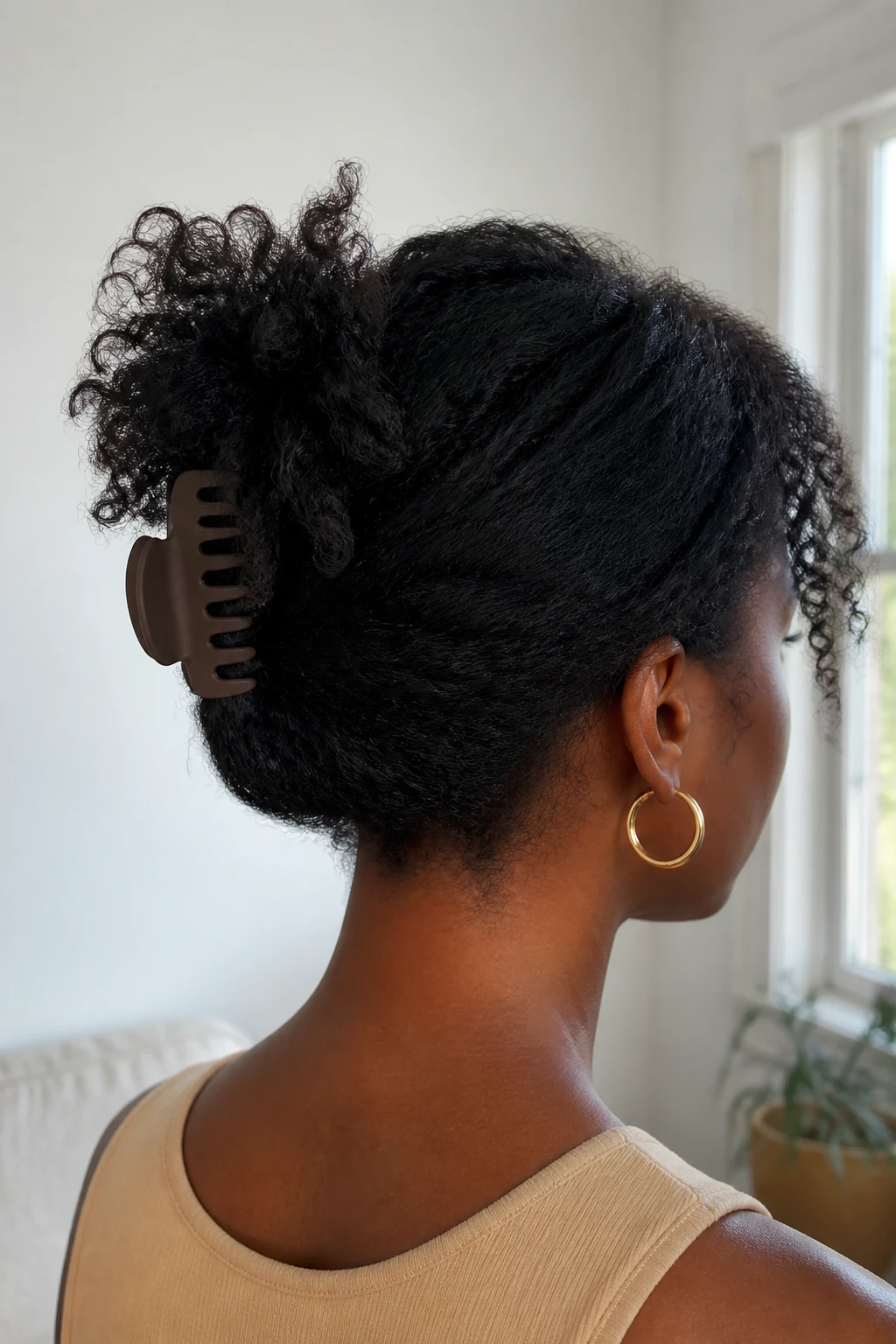 Image Prompt:
A realistic hairstyle photo of a black woman with medium-length textured hair styled into a soft claw clip updo, hair gathered at the back with a large matte brown claw clip, natural volume at the crown, textured ends softly spilling upward, gold hoop earrings, warm beige top, clean indoor background, modern natural hairstyle inspiration, bright window light, high-resolution DSLR photo, no text, (no watermarks on images)