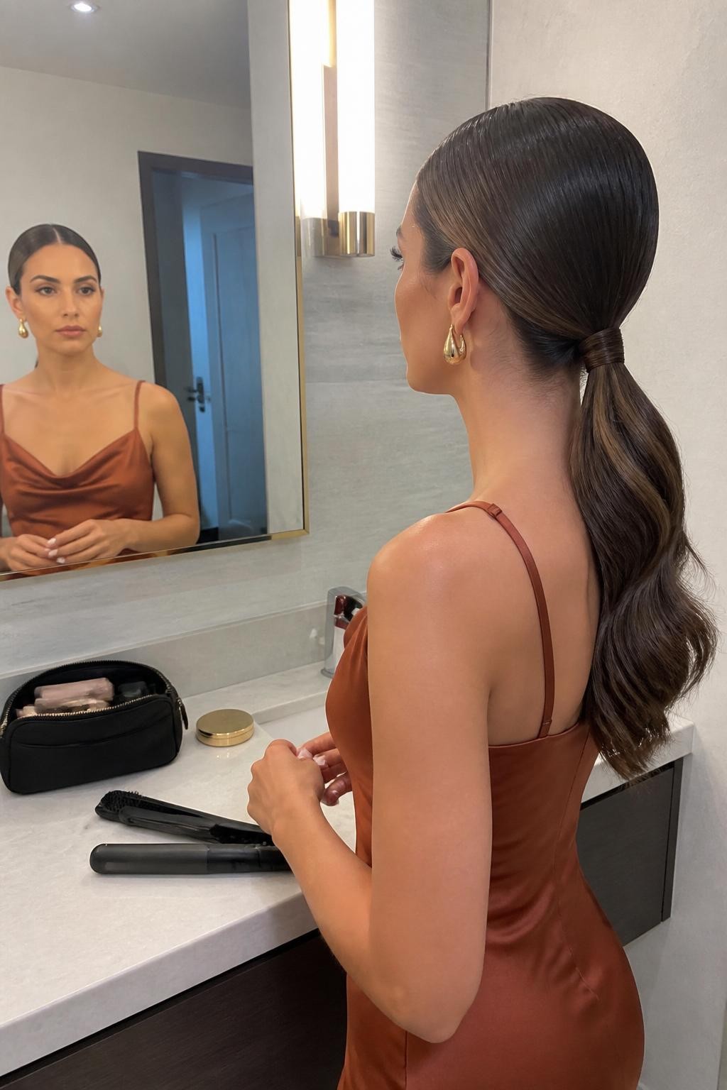 Photo of a woman wearing a sleek center-parted low ponytail with the elastic hidden by a wrapped section of hair and soft polished waves flowing down the back, side-profile mirror view at a bathroom vanity, warm indoor lighting, flat iron and smoothing brush on the counter beside an open makeup pouch, gold drop earrings visible and a rust-colored satin dress reflected in the mirror, latest iPhone photo quality.