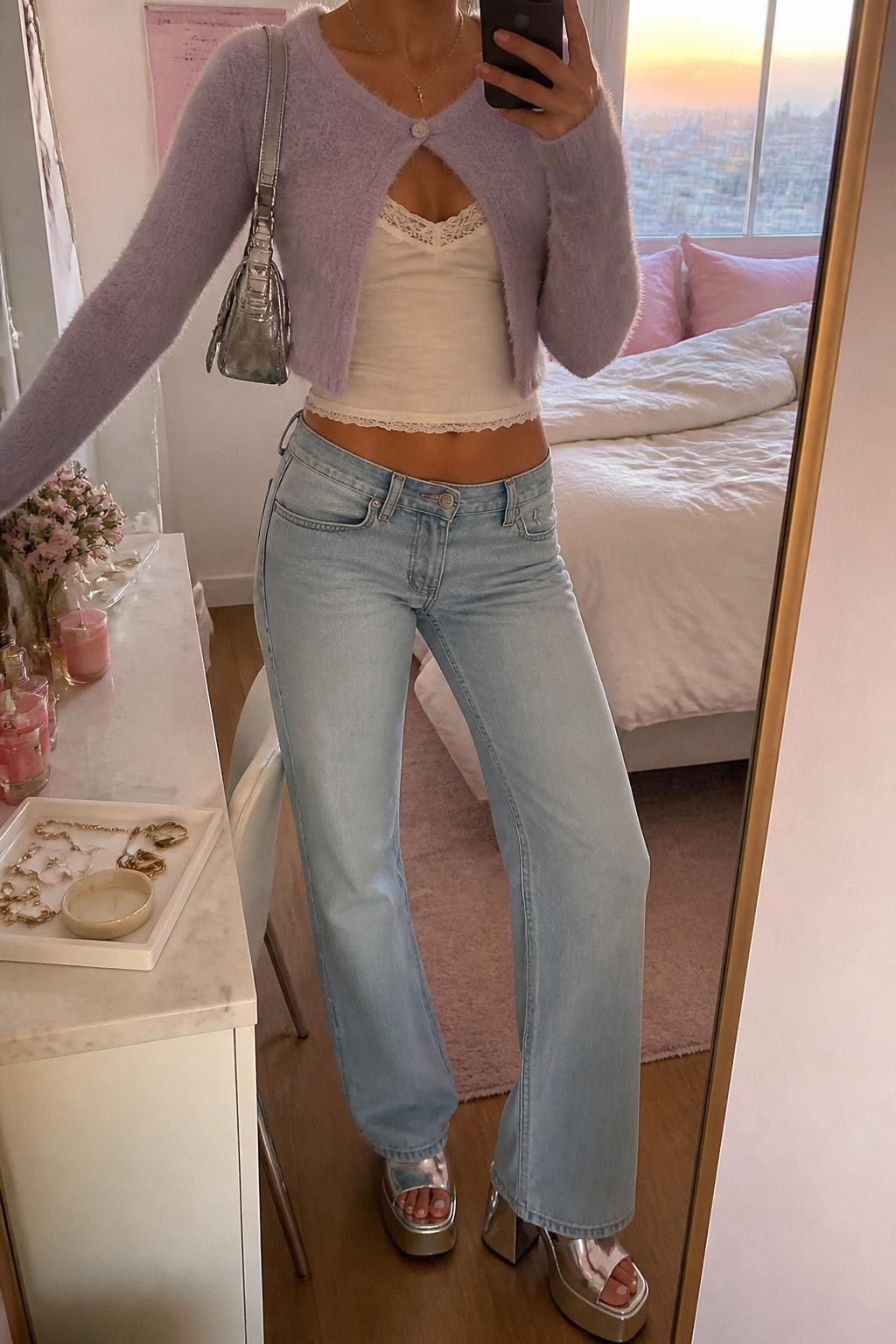 mirror selfie of a woman wearing a lavender fuzzy cropped cardigan, white lace-trim camisole, low-rise light-wash straight jeans, silver platform heels, and a metallic silver mini bag, clearly showing the same clothing items, colors, fabrics, and accessories listed in the Outfit Pieces section, holding a phone in front of a mirror, cropped at NECK so the face does not show, with a relaxed casual selfie pose, in a feminine-themed bedroom, evening golden hour, including a jewelry tray on the vanity and soft pillows on an unmade bed, latest iPhone photo quality.
