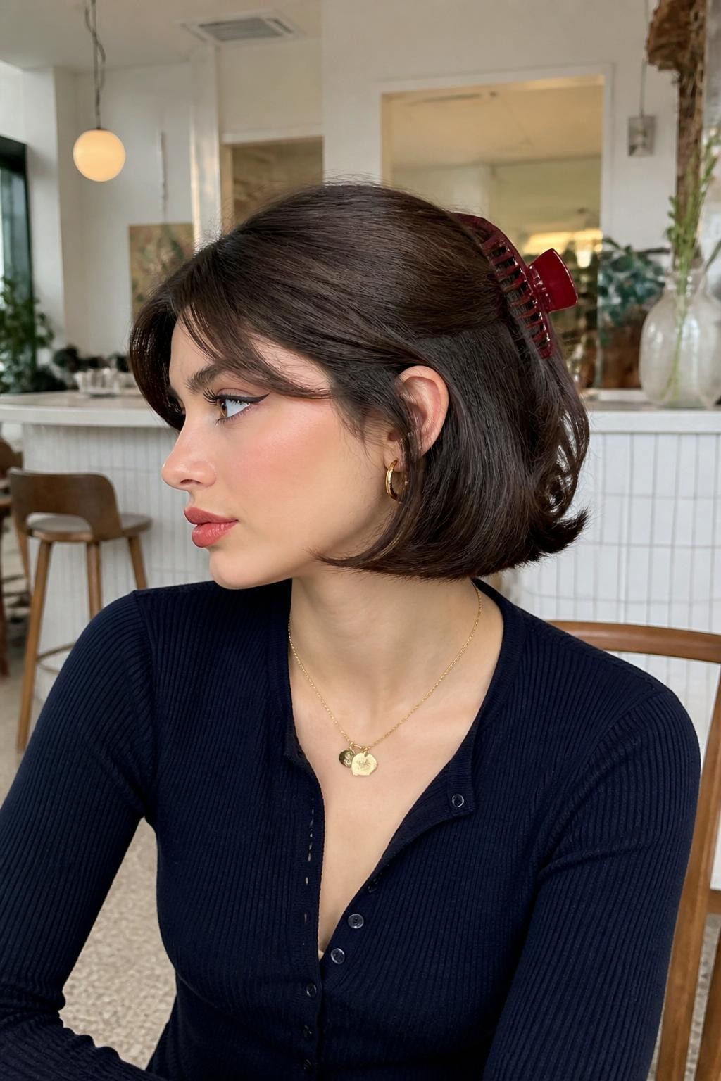 A realistic fashion-forward hairstyle photo of a woman with short glossy brunette bob hair styled half-up with a red claw clip and flipped-out ends, slight volume at the crown, front side angle, retro-inspired makeup, fitted cardigan, bright cafe interior, trendy 90s short hair inspiration, sharp DSLR photo quality, no text, (no watermarks on images)